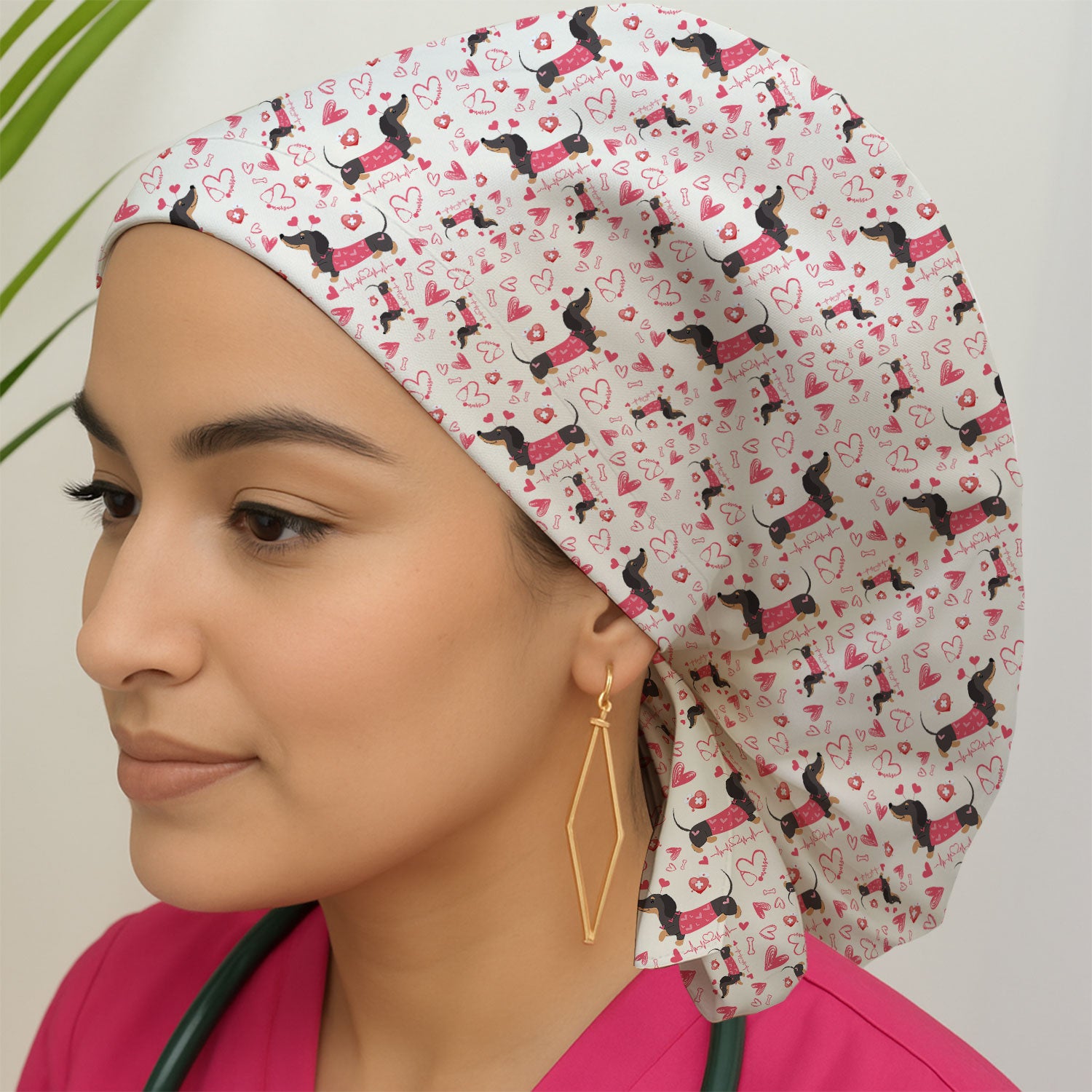 Dachshund Valentine Scrub Cap, Cute Wiener Dog Heart Pattern Nurse Hat, Breathable Fabrics Nursing Uniform