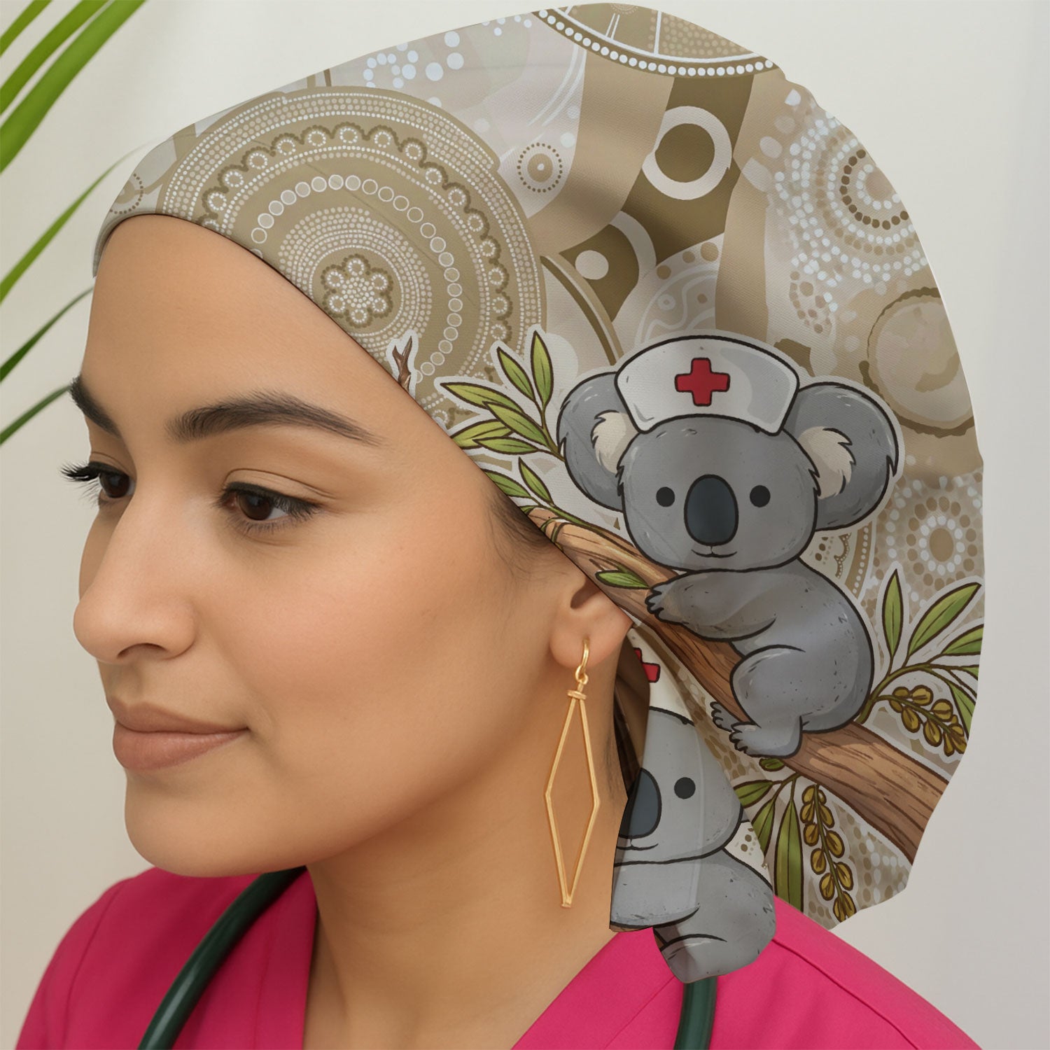 Australian Indigenous Inspired Dot Art Scrub Cap, Cute Koala Pattern Nurse Hat, Comfortable Scrubs For Nursing