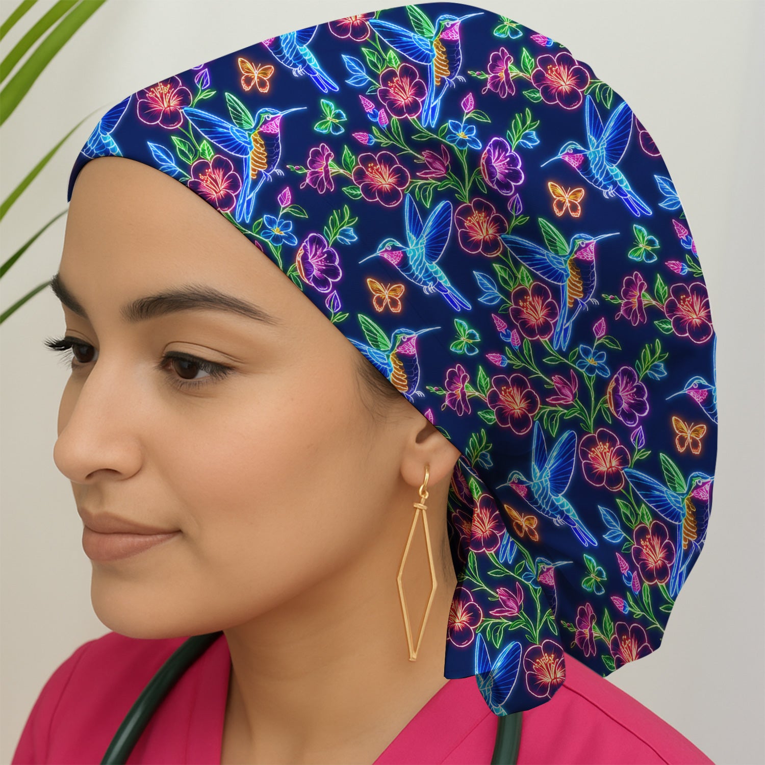 Neon Hummingbird Floral Garden Pattern Scrub Cap, Surgical Caps for Doctors