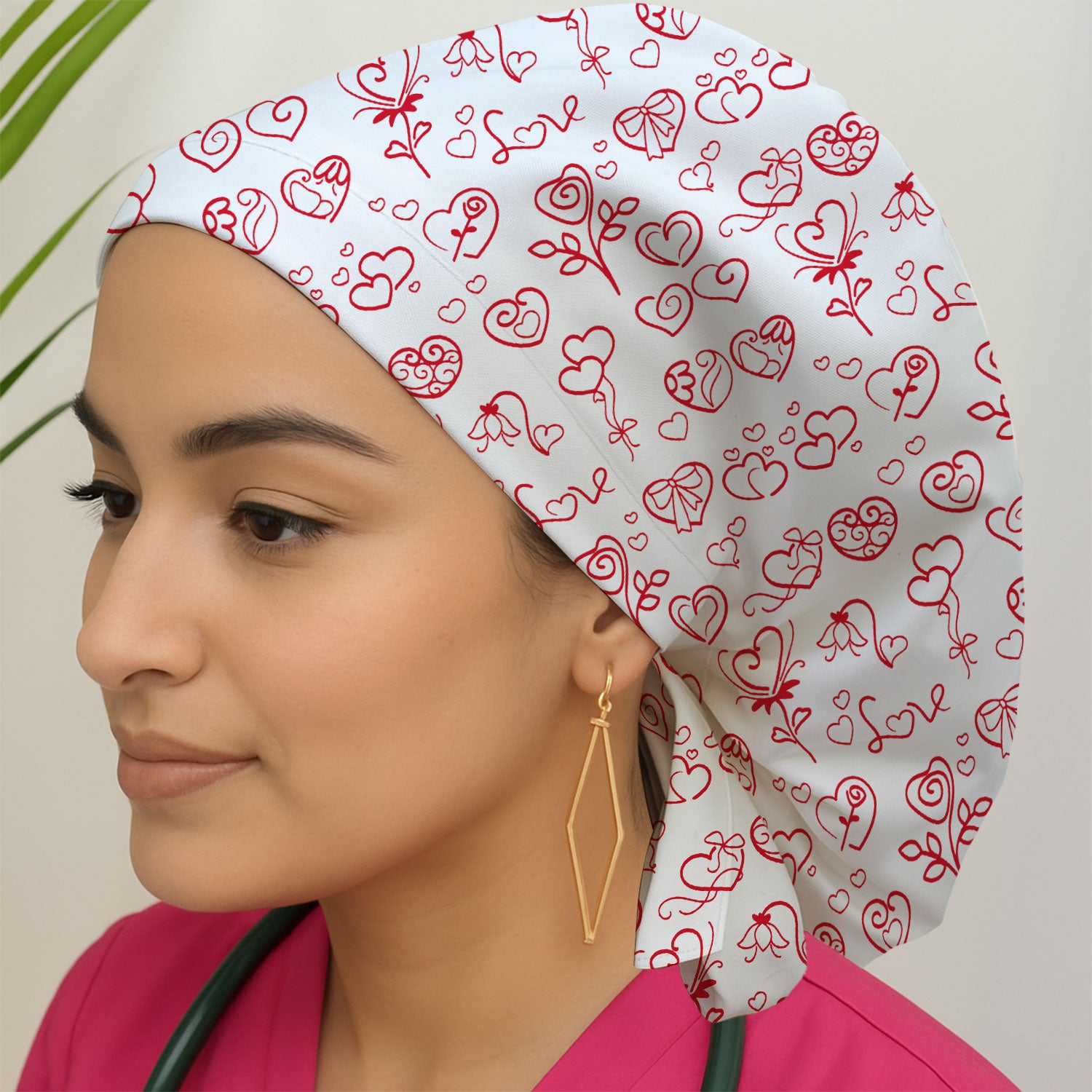 Cute Valentine Heart Scrub Cap, Artistic Heart Pink Love Line Art Pattern Nurse Hat, Comfortable Scrubs For Nursing