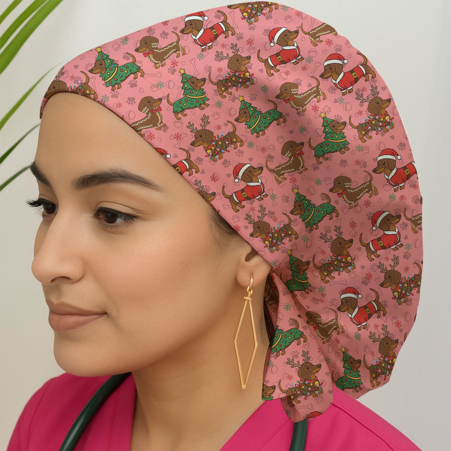 Christmas Dachshund Scrub Cap - Sausage Dog Wiener Holiday Surgical Hat Multi Color - Xmas Gift for RN CNA LPN