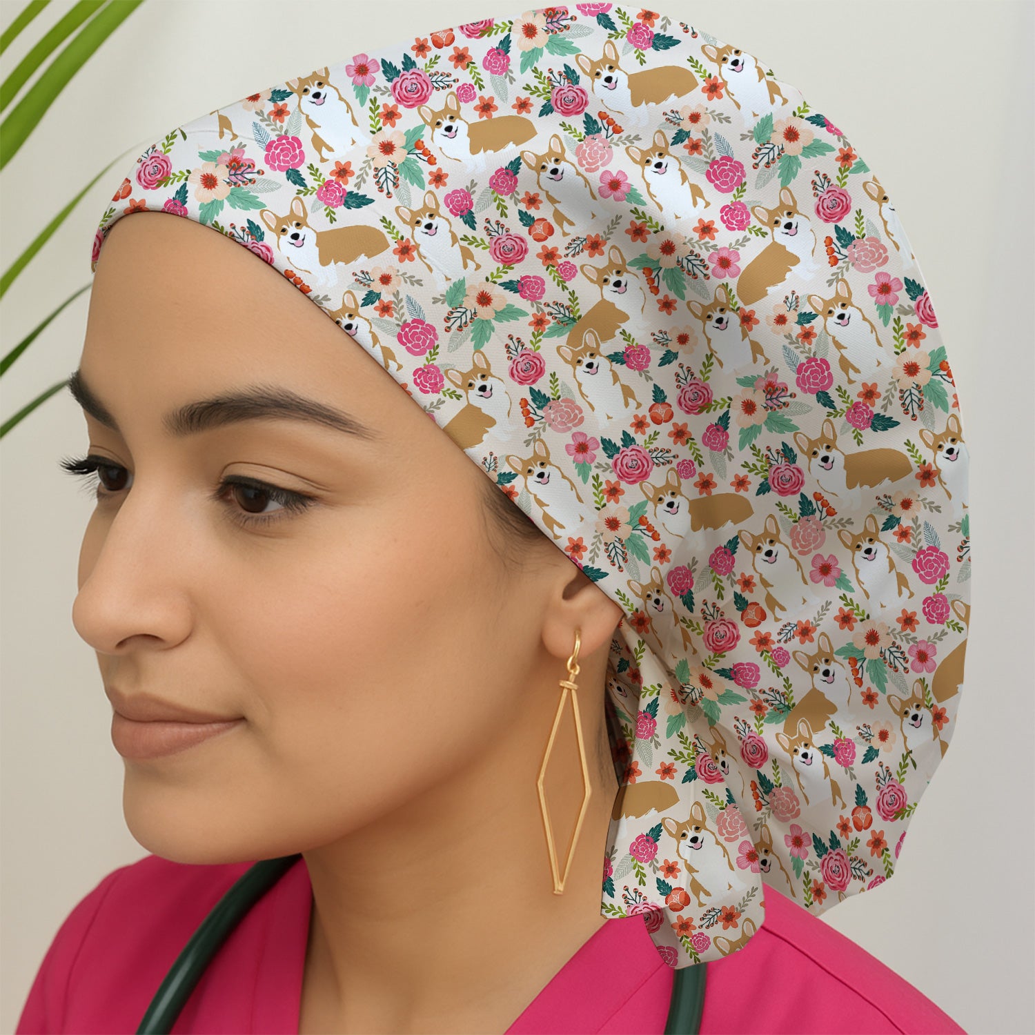 Cute Corgi Dog Floral Garden Pattern Nurse Scrub Cap, Surgical Caps for Doctors