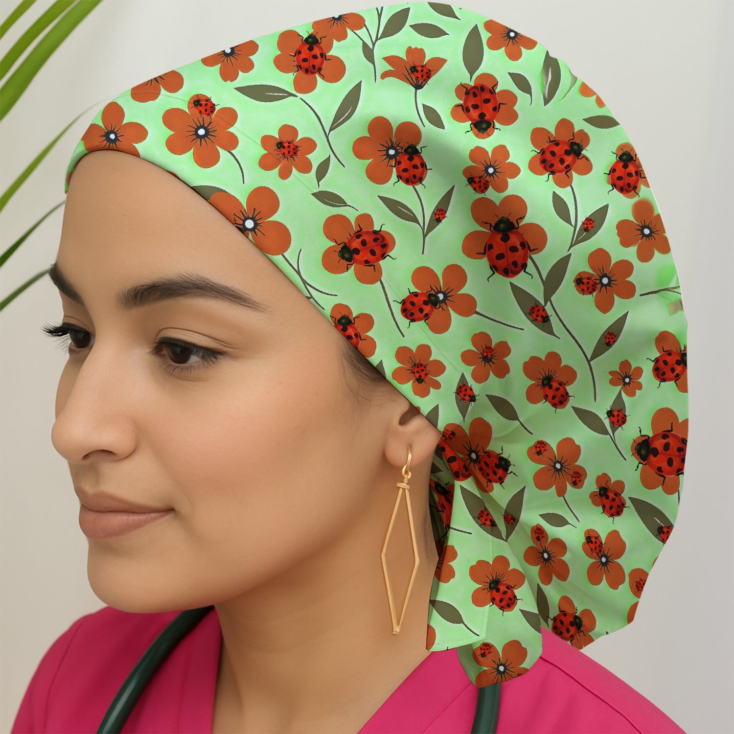 Ladybug on Orange Floral Garden Pattern Scrub Cap, Surgical Caps for Doctors