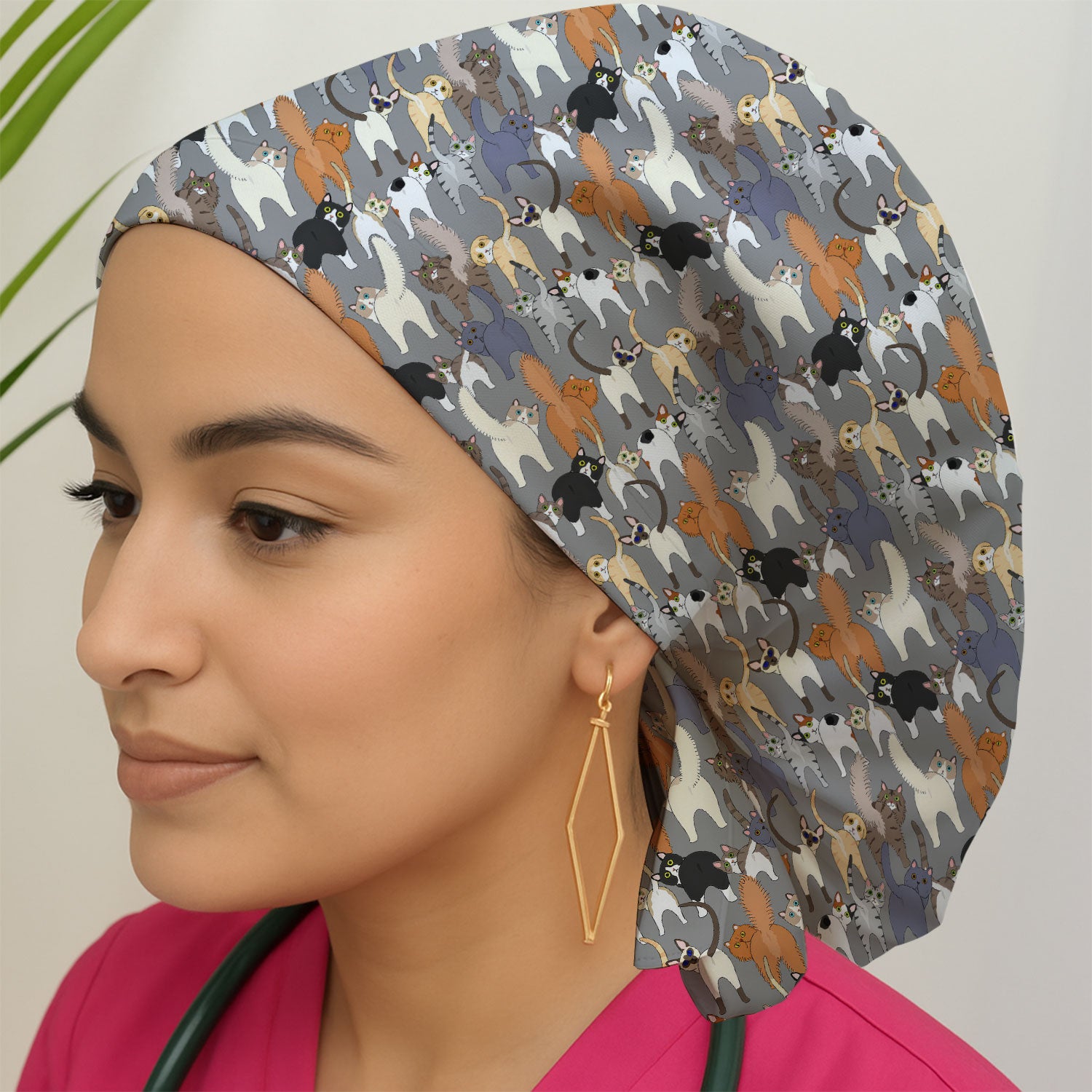 Whimsical Multicolor Cat Cartoon Pattern Cap, Bouffant Scrub Caps for Women