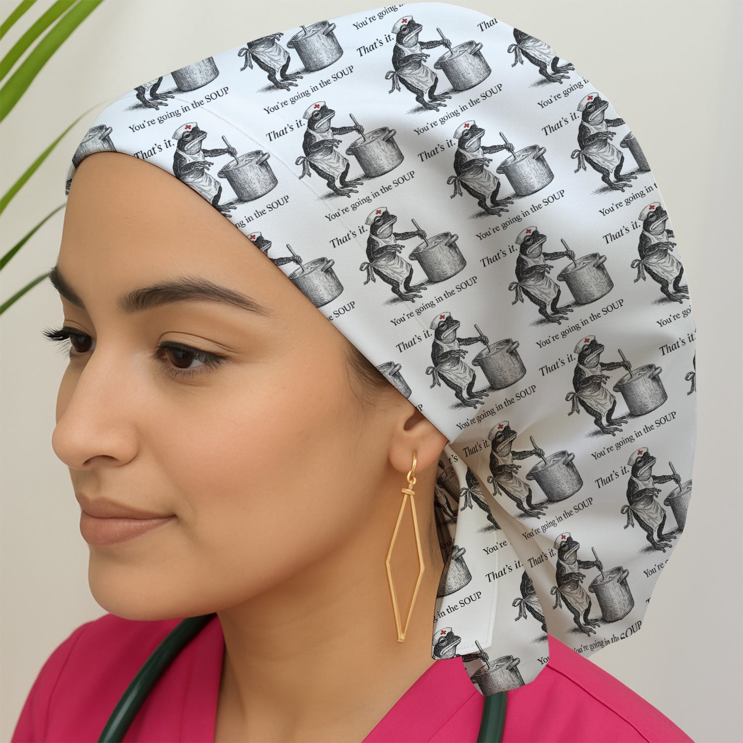 Funny Nurse Frog Cooking Soup Vintage Pattern Print Cap, Surgical Caps for Nurses