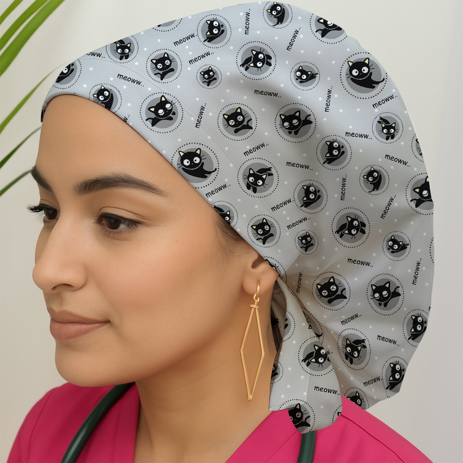 Funny Black Cat Meow Pattern Scrub Cap, Surgical Caps for Doctors