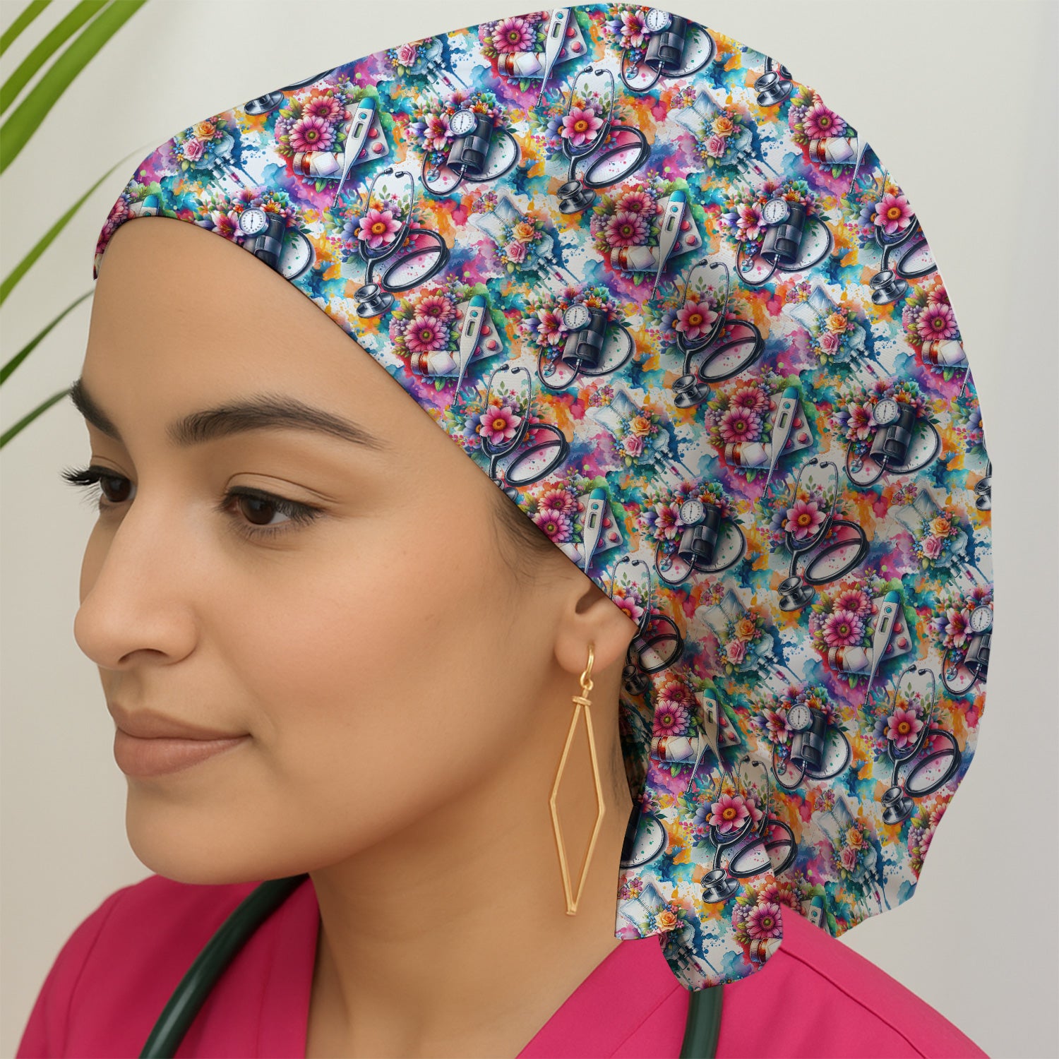 Colorful Medical Tools Floral Pattern Nurse Scrub Cap, Surgical Caps for Doctors