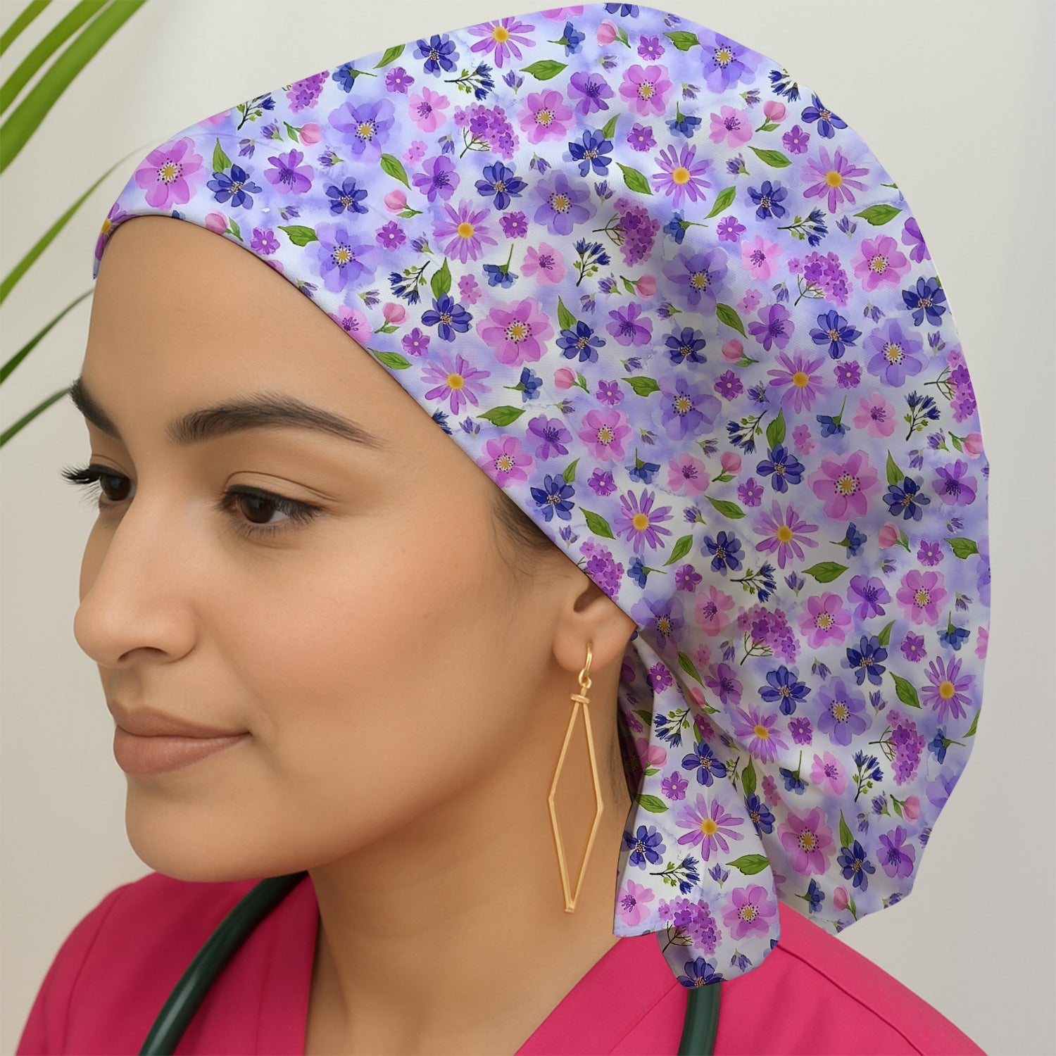 Purple Watercolor Wildflower Bloom Pattern Scrub Cap, Surgical Caps for Doctors