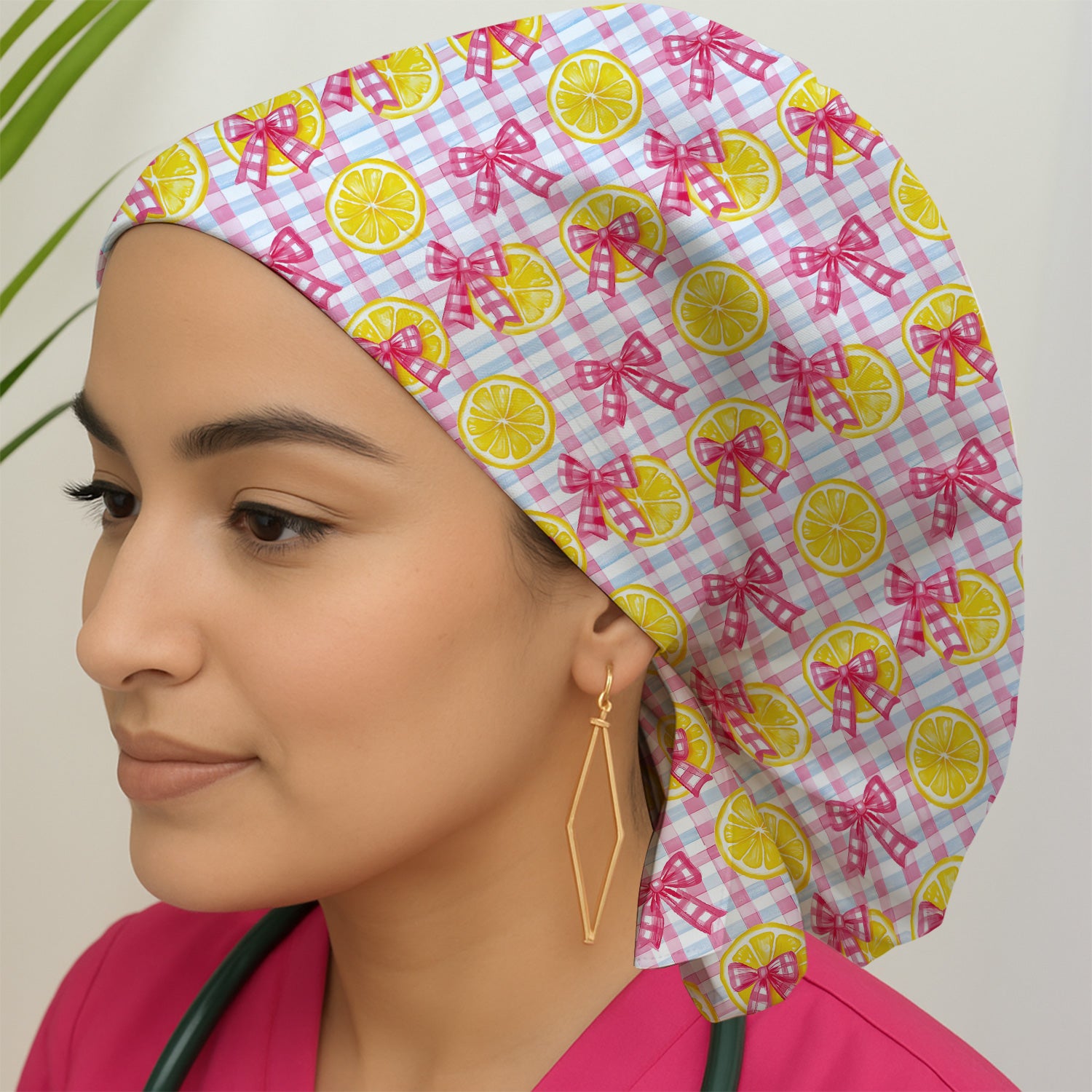 Cute Lemon Slice Pink Bow Gingham Pattern Nurse Scrub Cap, Surgical Caps for Doctors