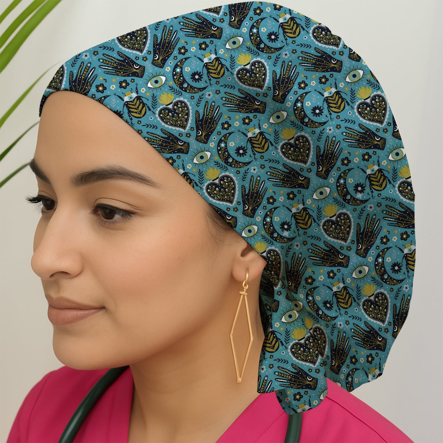 Mystic Celestial Heart & Evil Eye Pattern Scrub Cap, Surgical Caps for Doctors