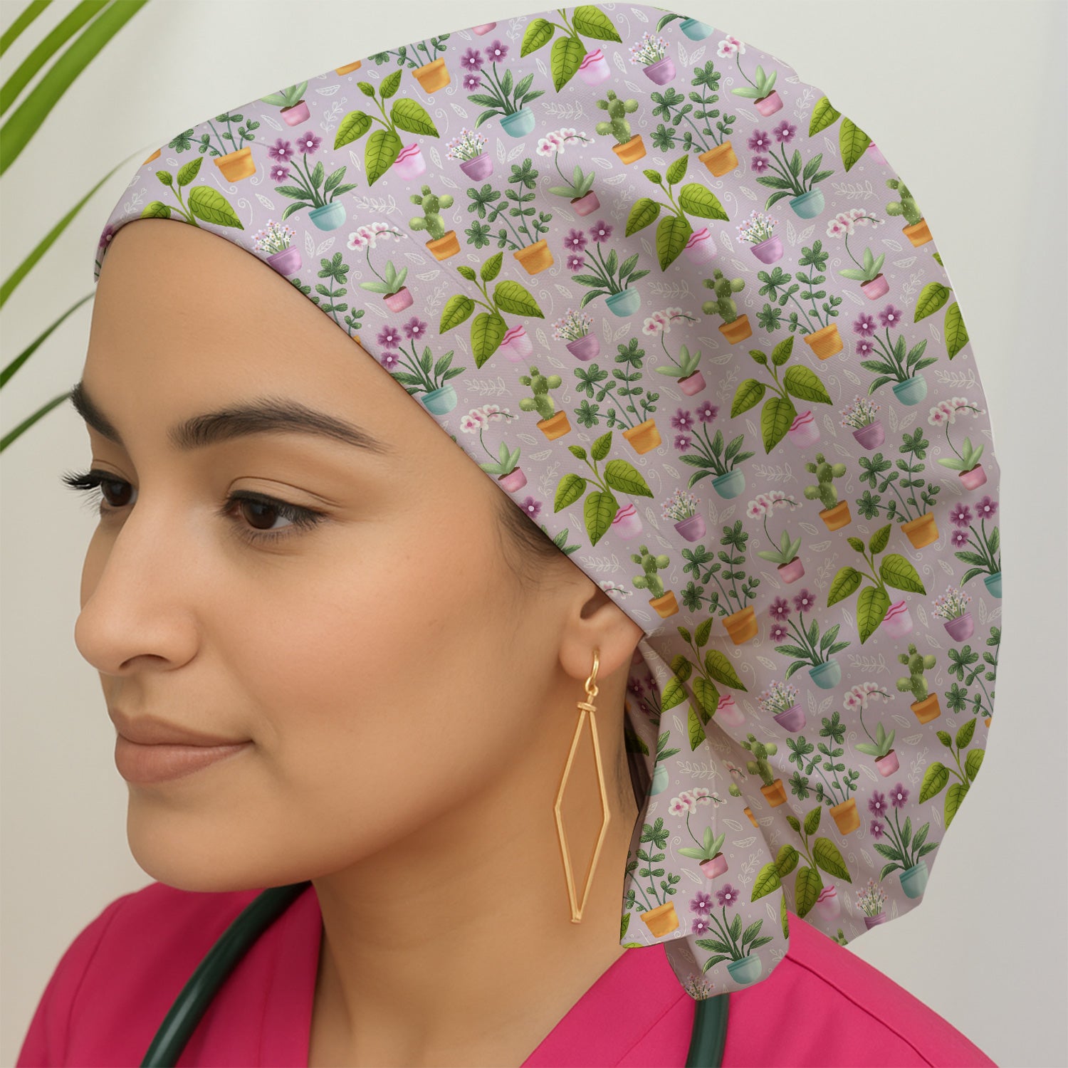 Potted Plant Orchid Cactus Pattern Scrub Cap, Surgical Caps for Doctors