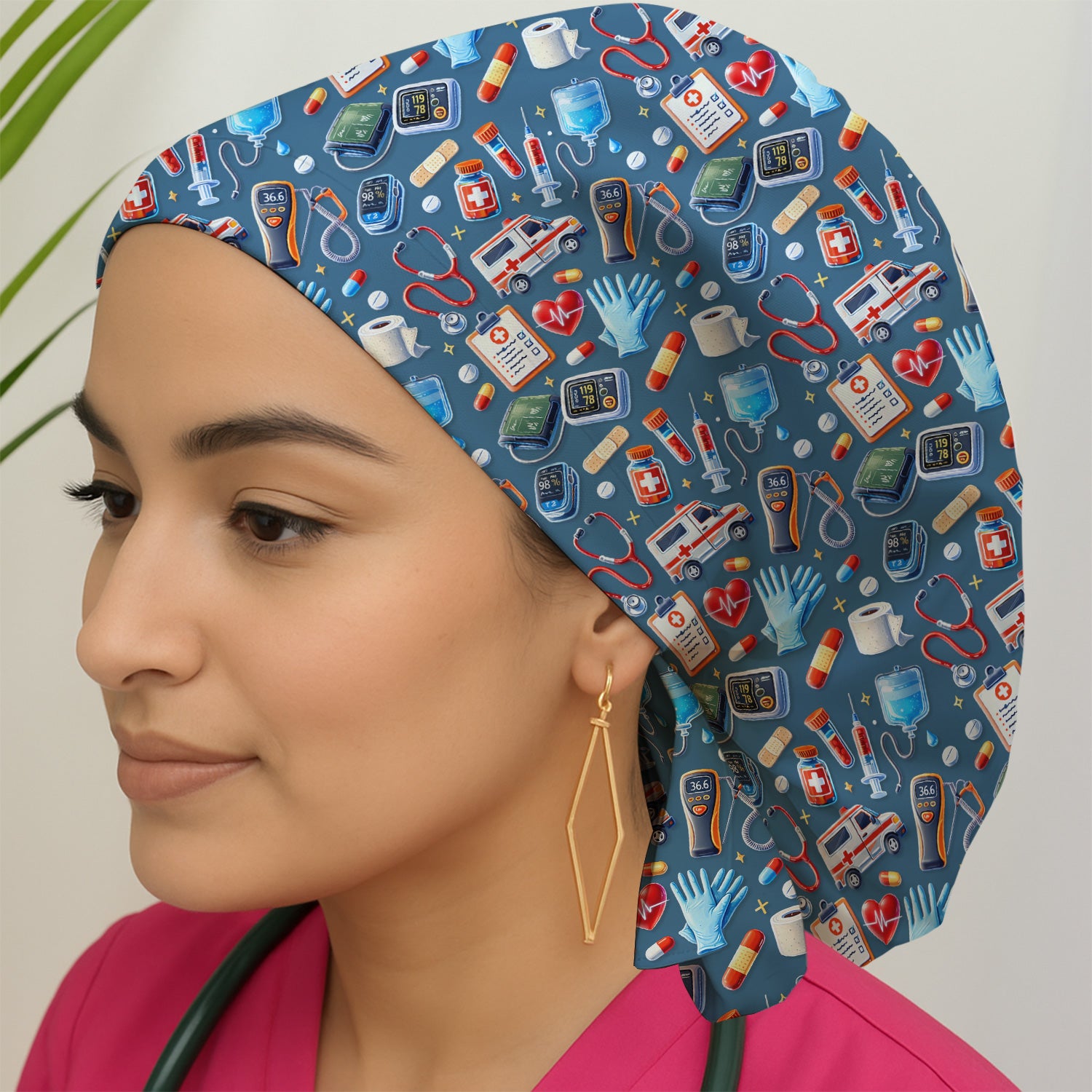 Medical Tools Pattern Ambulance Stethoscope Scrub Cap, Surgical Caps for Doctors