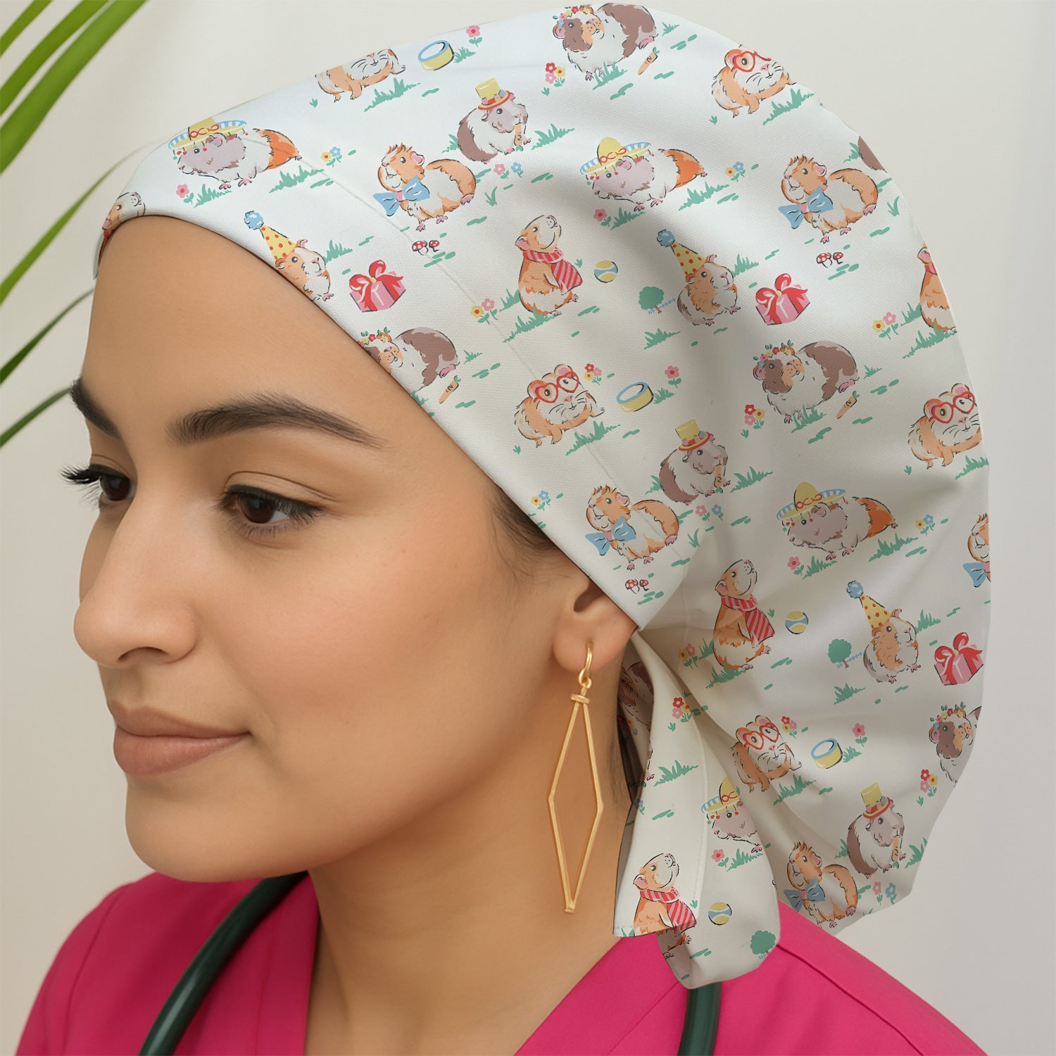 Cute Guinea Pig Party Nurse Pattern Scrub Cap, Bouffant Scrub Caps for Women