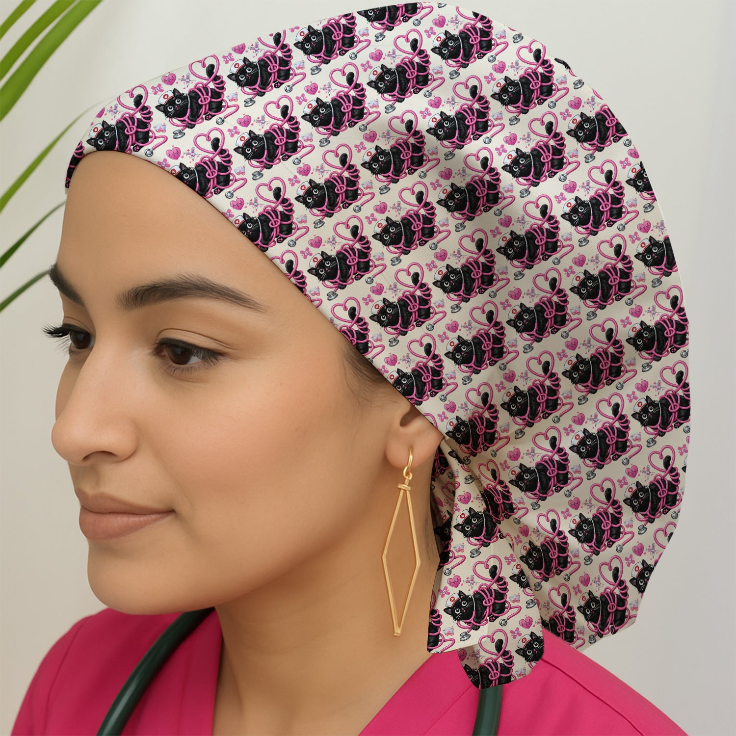Valentine Cute Cat Nurse Heart Print Scrub Cap, Surgical Caps for Doctors
