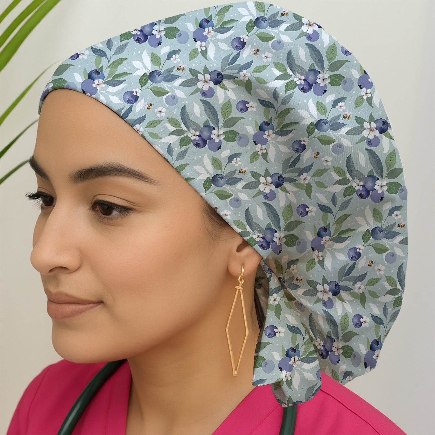Fresh Blueberry Blossom Garden Pattern Nurse Scrub Cap, Surgical Caps for Doctors