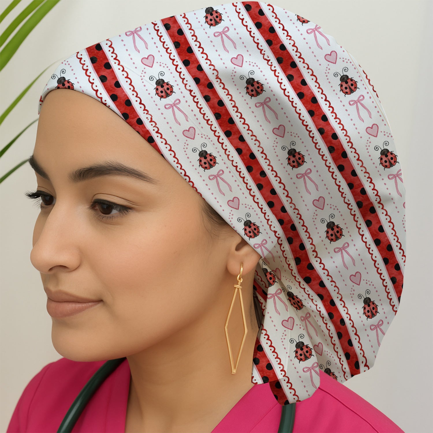 Cute Ladybug Heart Bow Stripe Pattern Nurse Scrub Cap, Surgical Caps for Doctors
