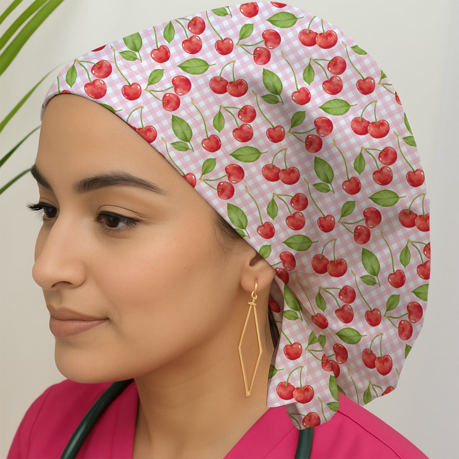Sweet Red Cherry Gingham Pattern Print Cap, Surgical Caps for Nurses