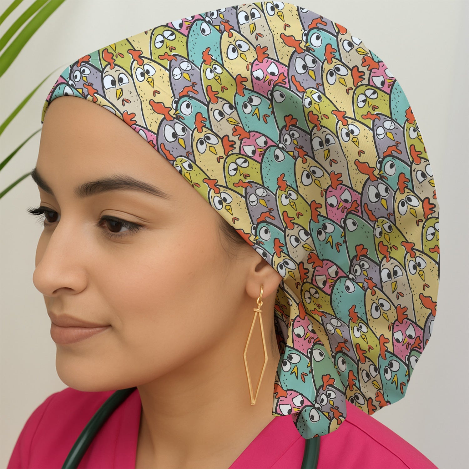 Funny Cartoon Chicken Crowd Pattern Scrub Cap, Bouffant Scrub Caps for Women