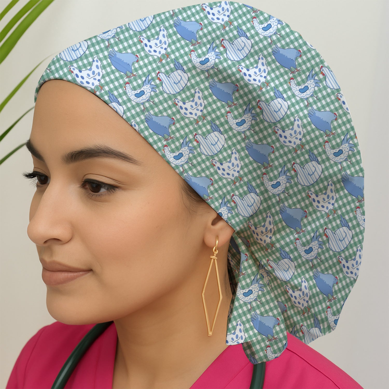 Blue Chicken Gingham Pattern Scrub Cap, Bouffant Scrub Caps for Women