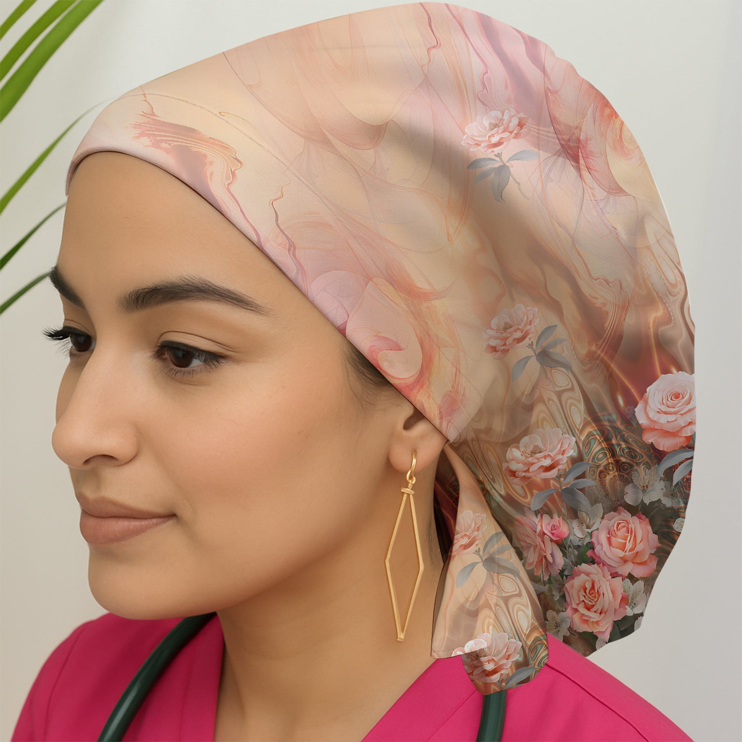 Elegant Peach Marble Rose Pattern Scrub Cap, Surgical Caps for Doctors