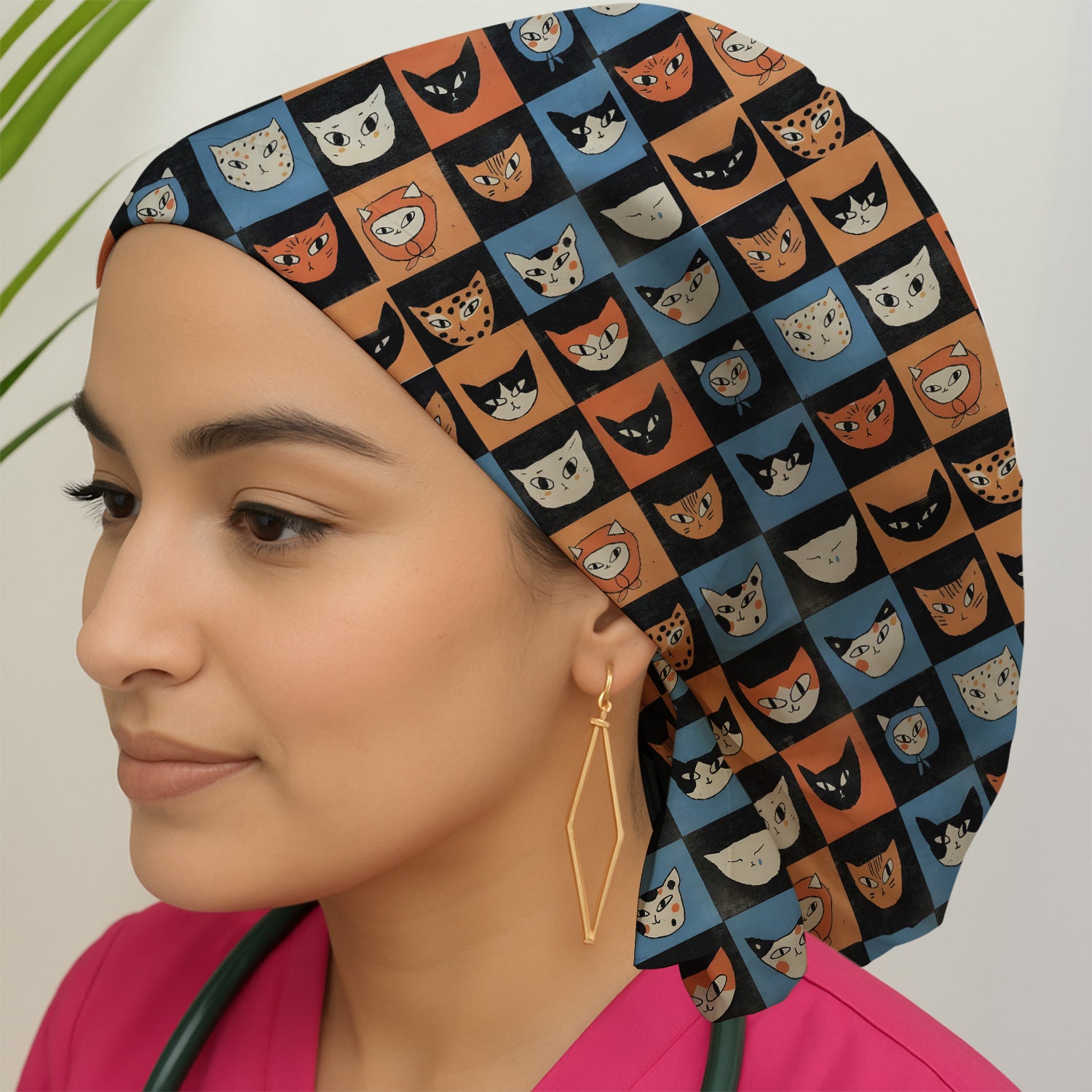 Cute Retro Cat Faces Checkerboard Print Scrub Cap, Breathable Fabrics Caps Uniform