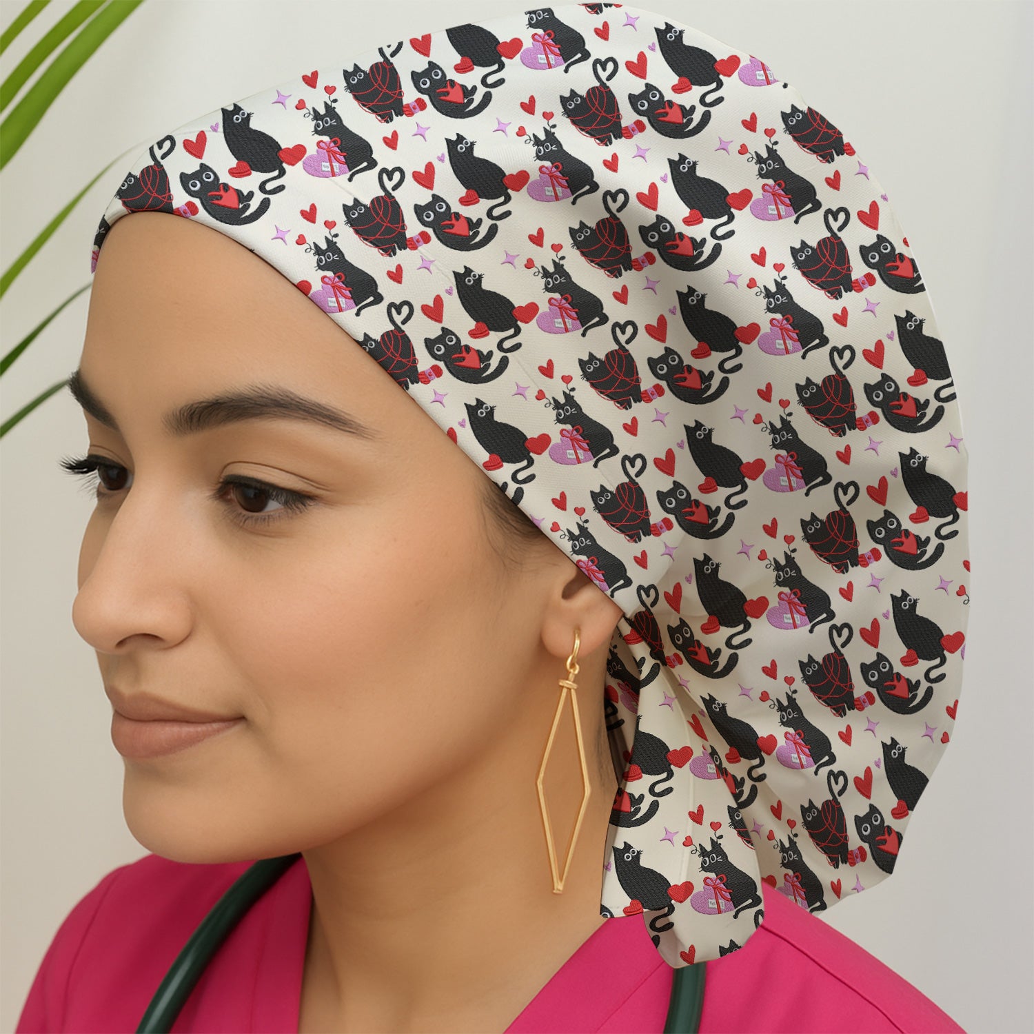 Valentine’s Day Scrub Cap, Cute Black Cat With Heart Pattern Nurse Hat, Breathable Fabrics Nursing Uniform