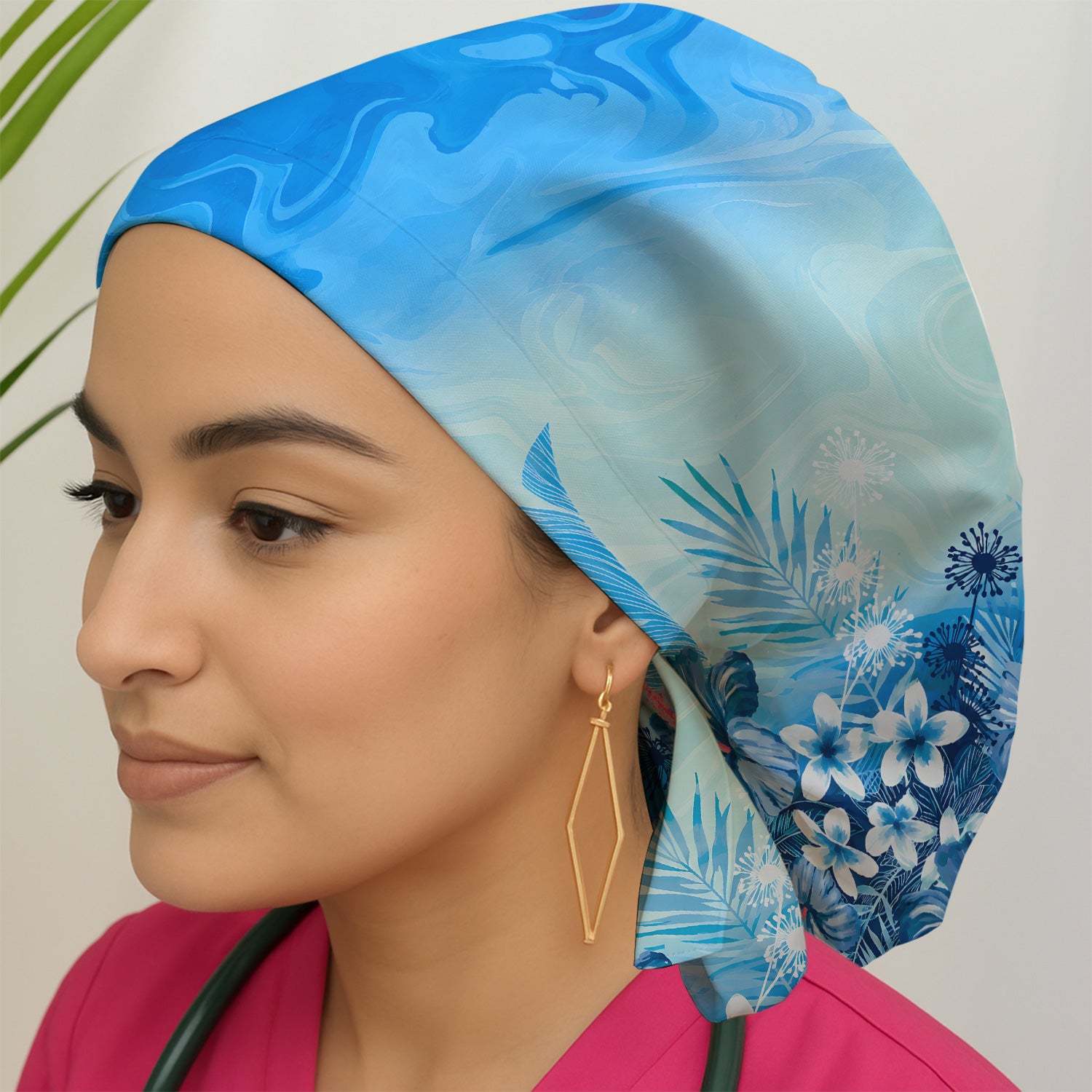 Elegant Blue Tropical Floral Pattern Scrub Cap, Surgical Caps for Doctors