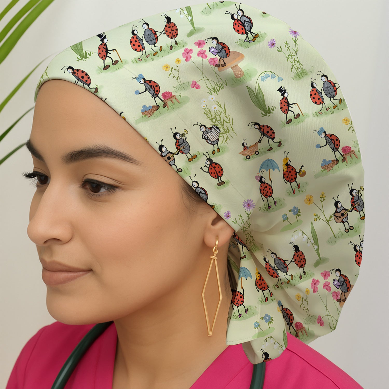 Whimsical Ladybug Garden Activity Pattern Scrub Cap, Breathable Fabrics Caps Uniform
