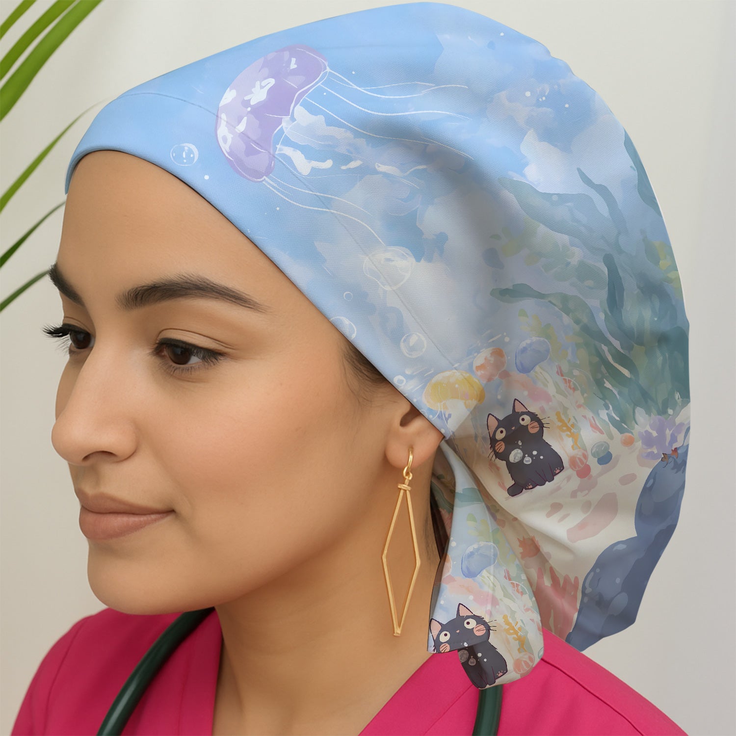 Cute Underwater Black Cat Jellyfish Pattern Surgical Cap, Breathable Fabrics Caps Uniform