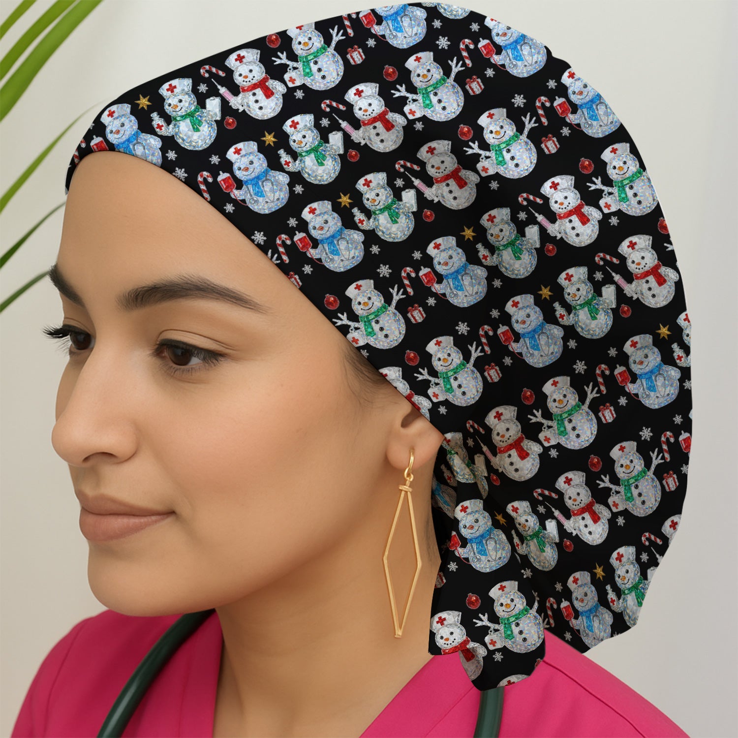 Nurse Snowman Christmas Scrub Cap, Cute Holiday Medical Pattern Hat For Women, Winter Snowflake Nursing Uniform