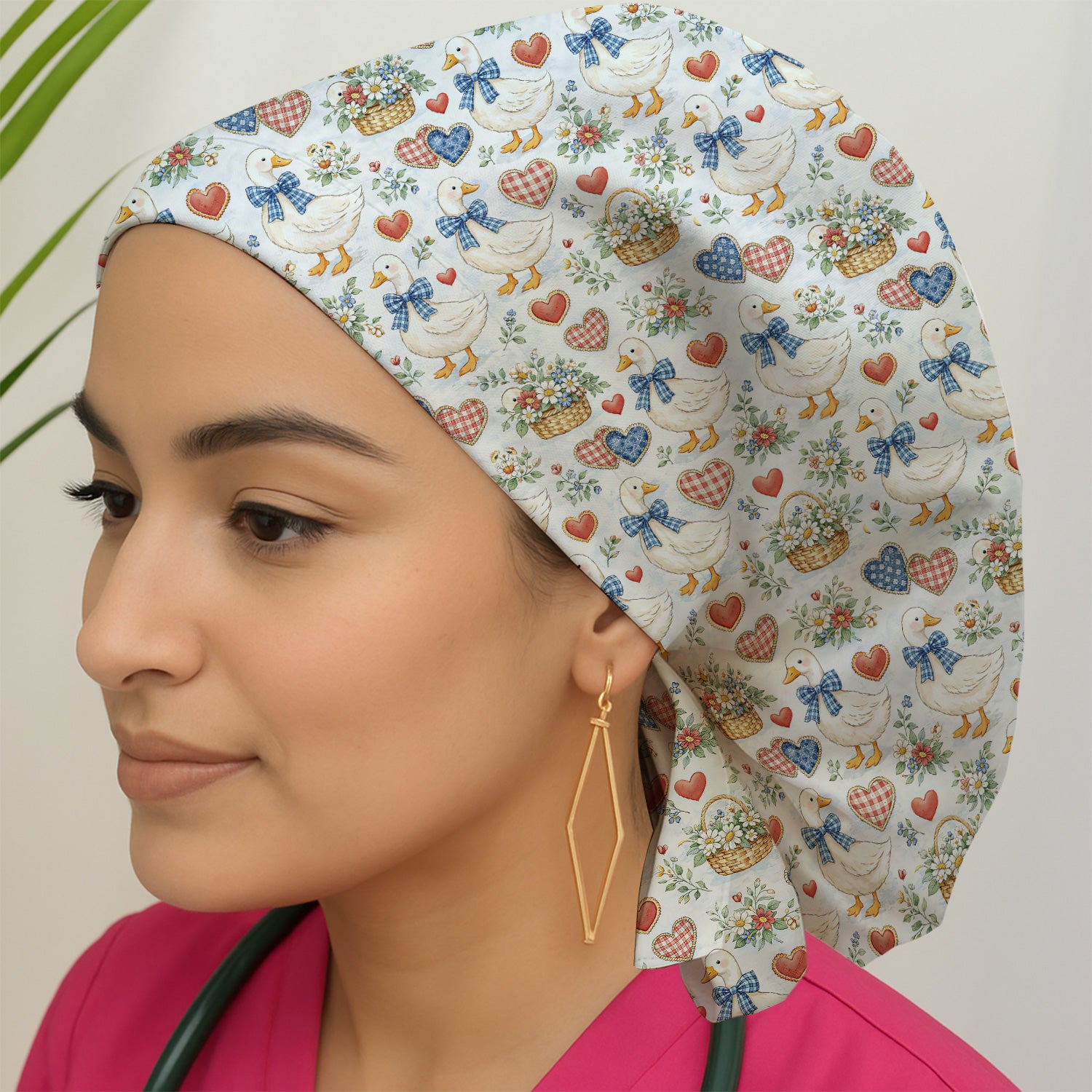 Cute Duck Heart Floral Nurse Pattern Scrub Cap, Bouffant Scrub Caps for Women