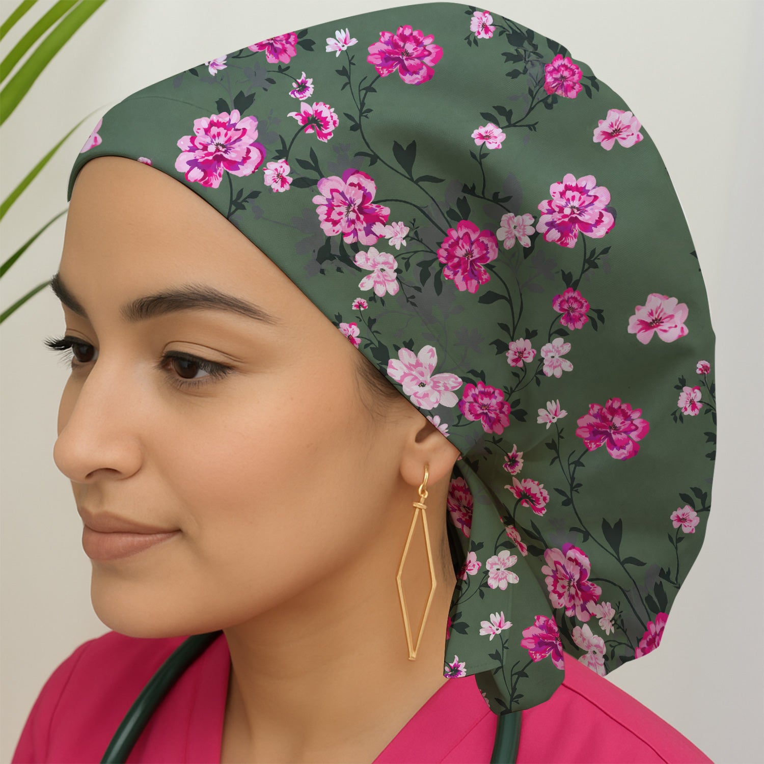Pink Floral Blossom Pattern Scrub Caps, Breathable Fabrics Caps Uniform