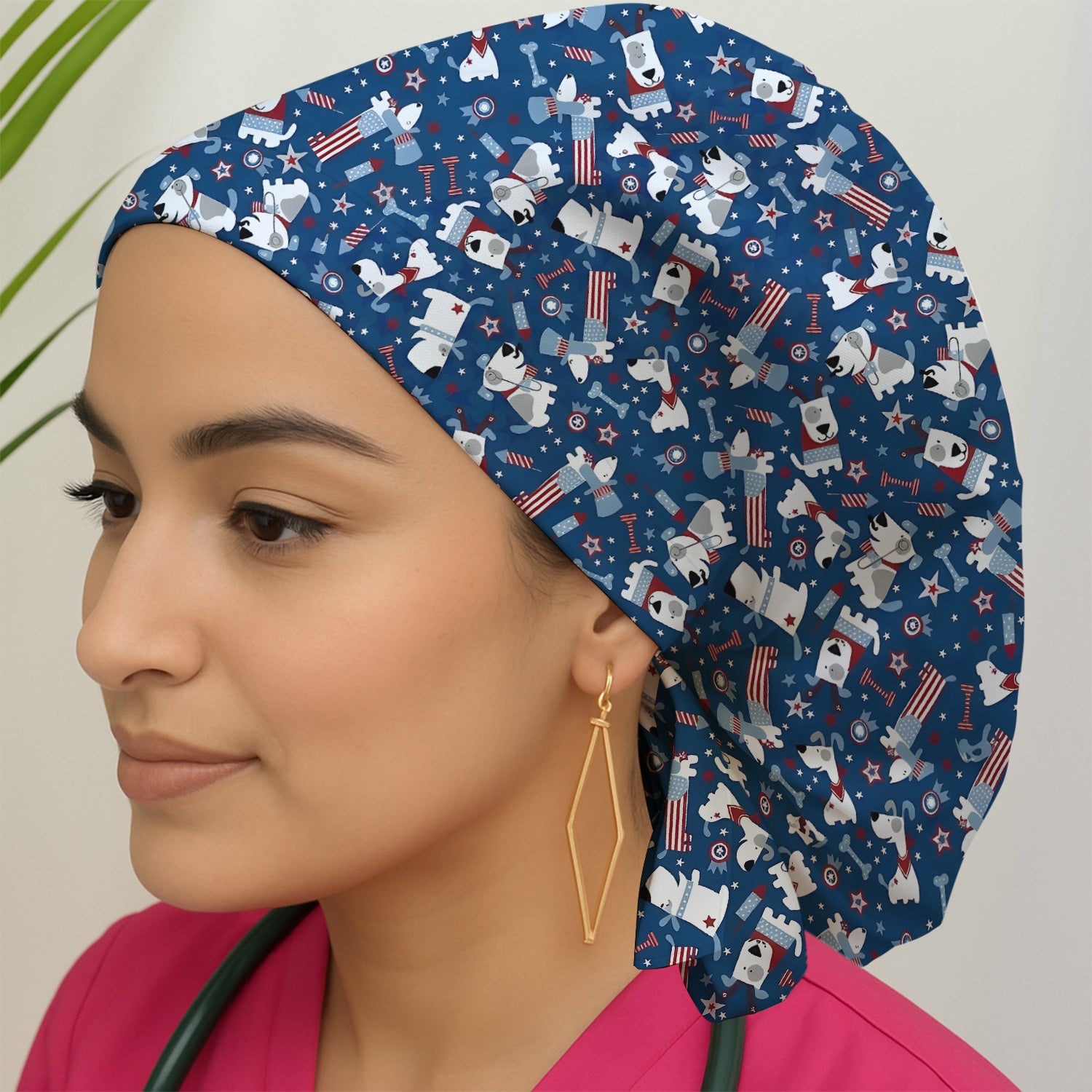 Patriotic Nurse Dog Stars Pattern Scrub Cap, Surgical Caps for Doctors