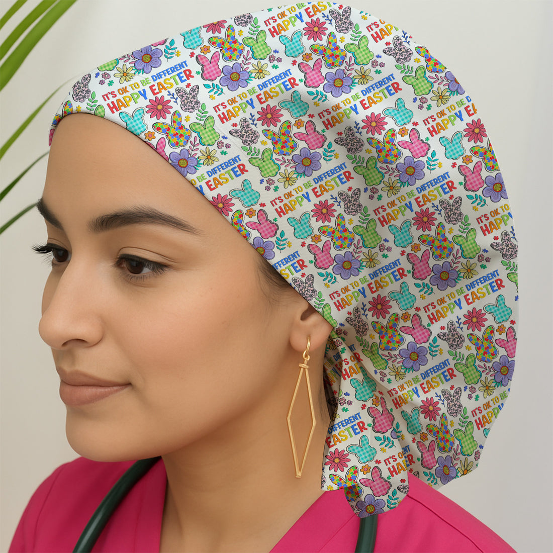 Happy Easter Bunny Floral Print Cap, Breathable Fabrics Caps Uniform