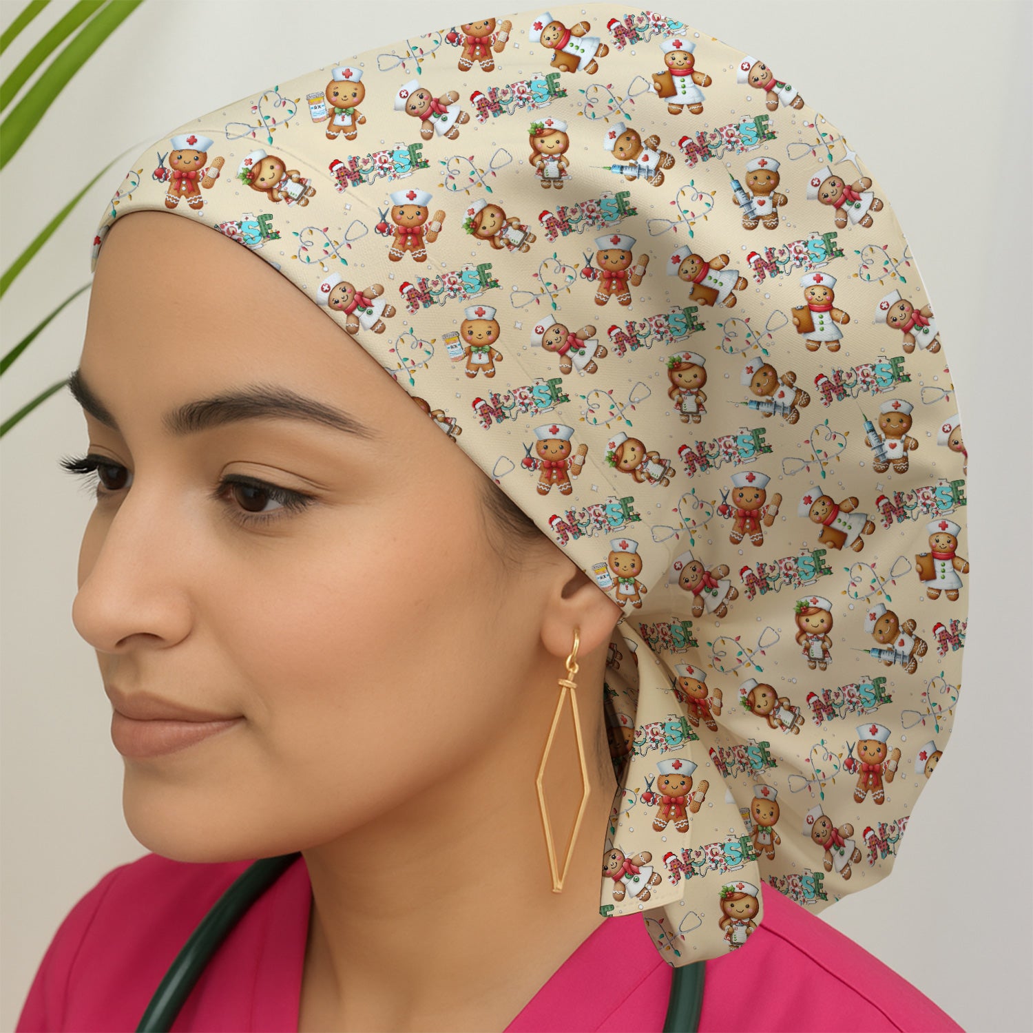 Nurse Scrub Cap with Buttons for Women - Christmas Surgical Hats Cute Gingerbread Design - Medical Bouffant Cap Long Hair