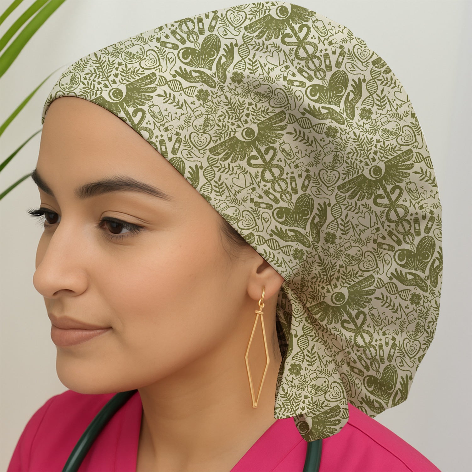 Inspirational Botanical Medical Caduceus Heart Nurse Pattern Scrub Cap, Surgical Caps for Doctors