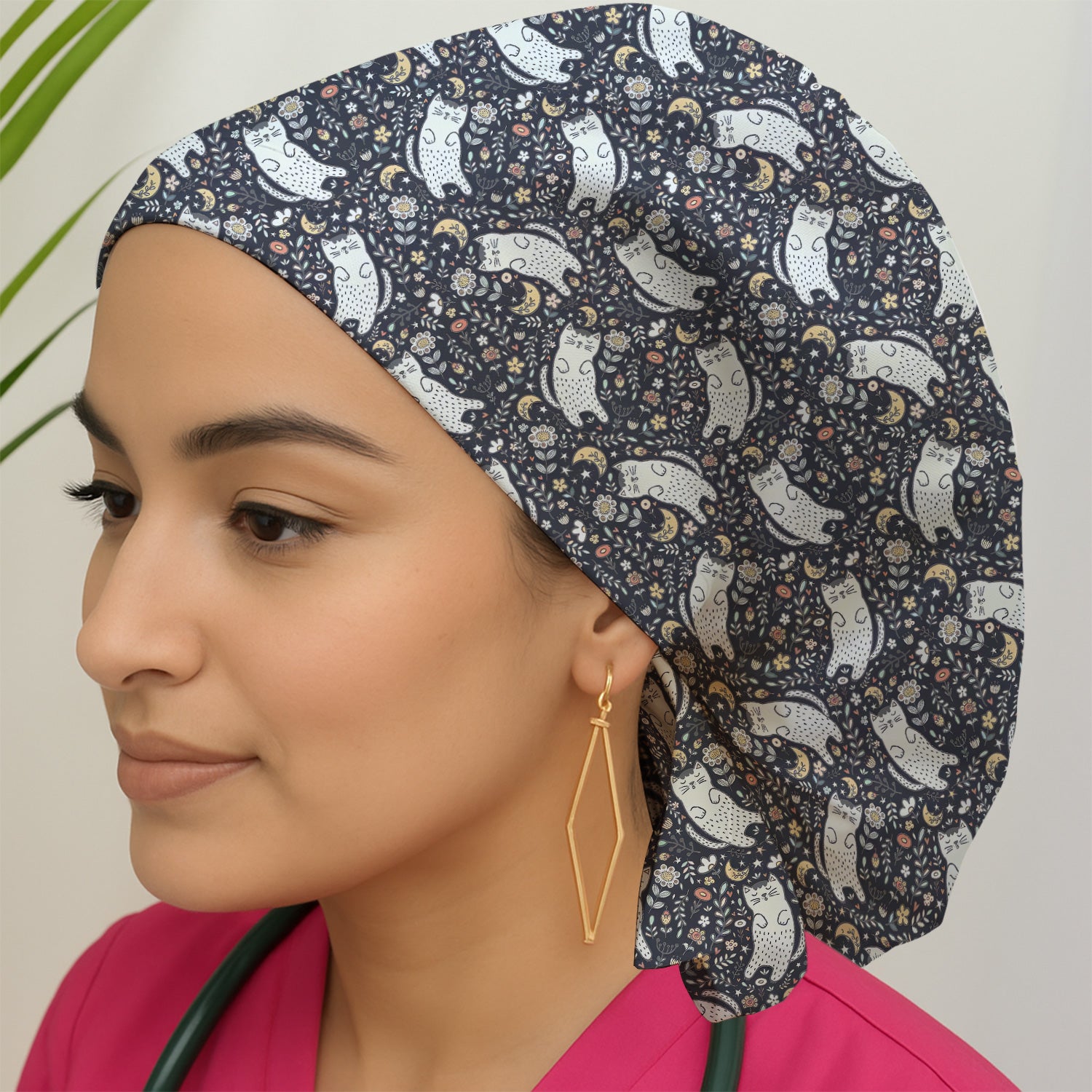 Moonlit Floral Cat Seamless Pattern Scrub Cap, Surgical Caps for Doctors