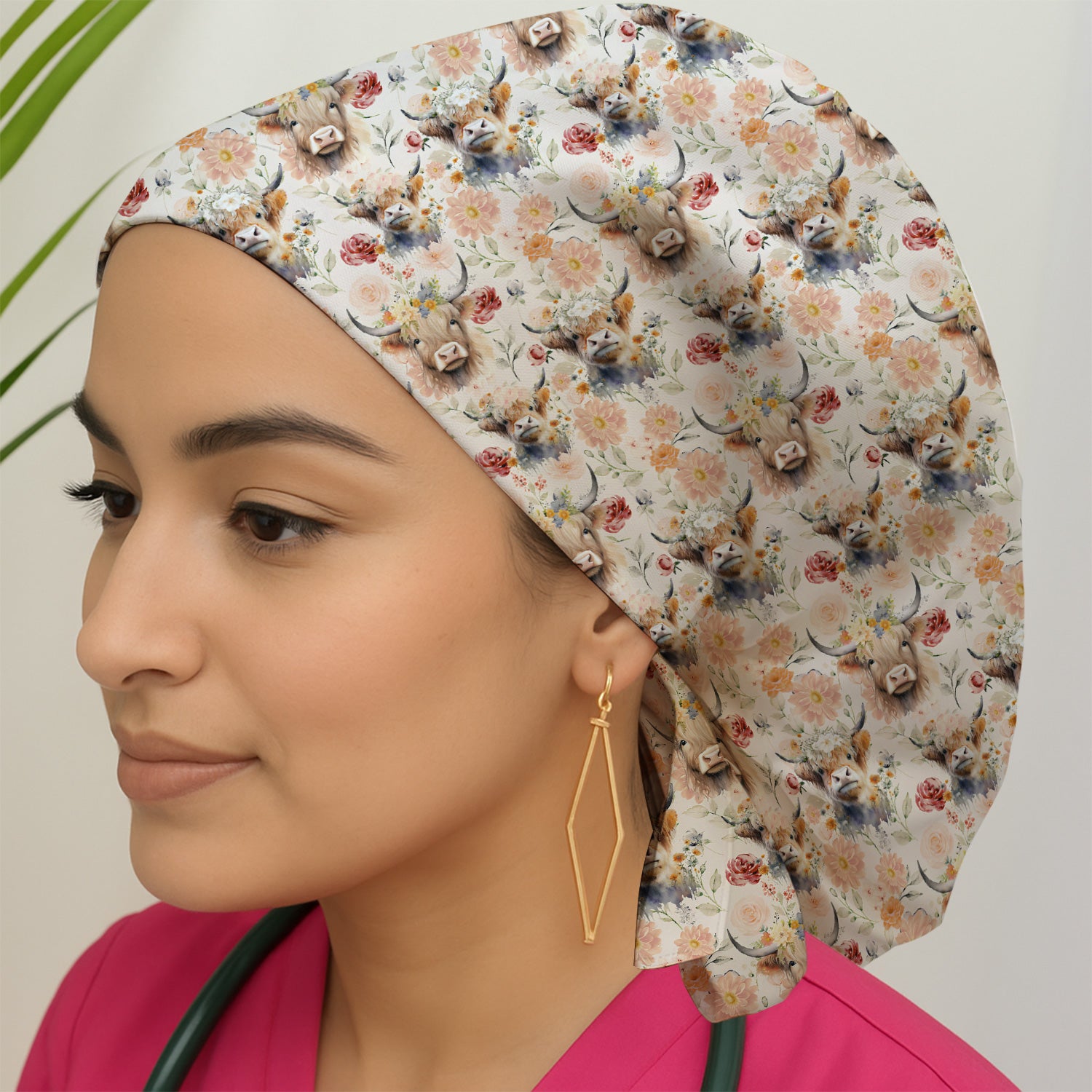 Cute Highland Cow Floral Pattern Scrub Cap, Surgical Caps for Doctors