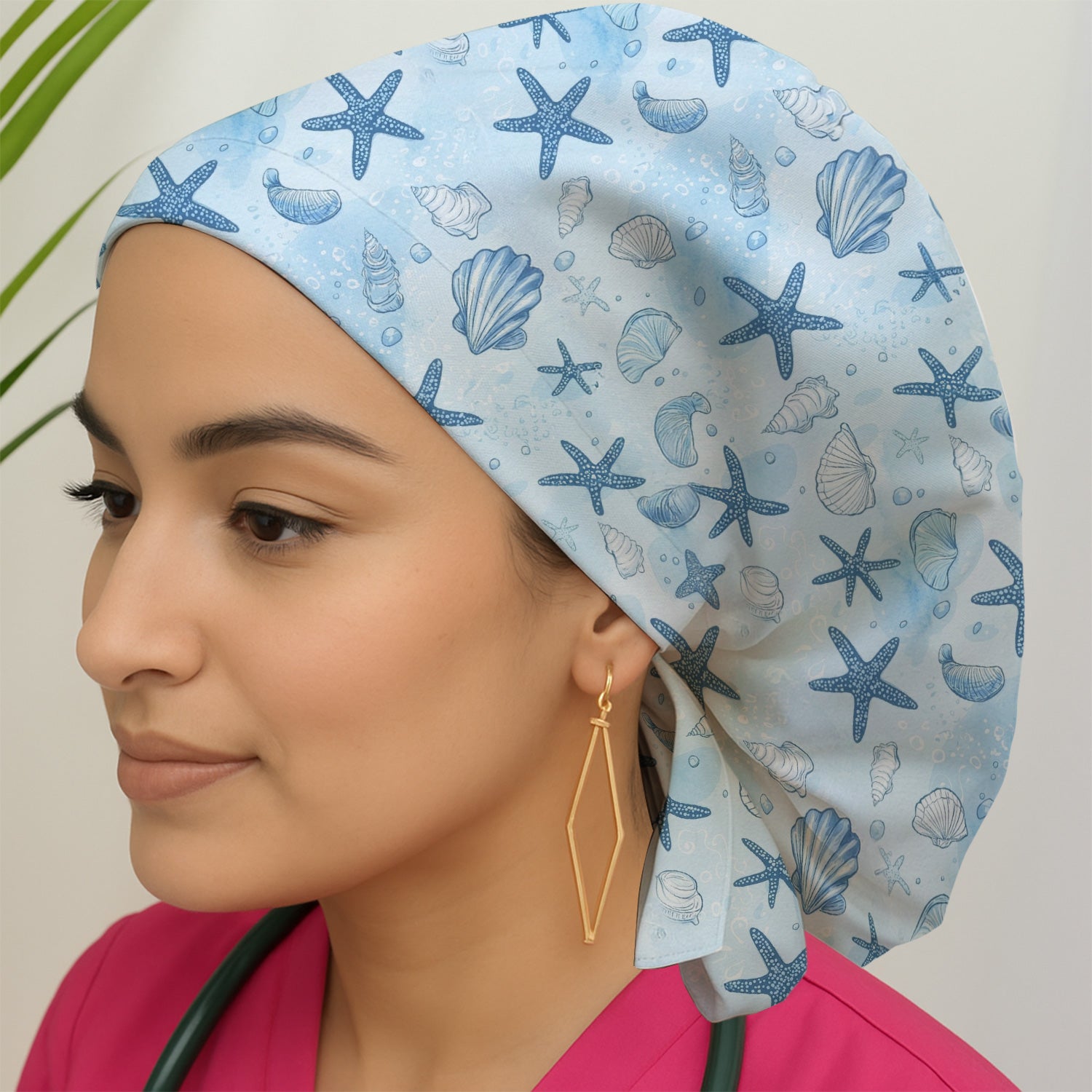 Blue Sea Shells Starfish Pattern Caps, Bouffant Scrub Caps for Women