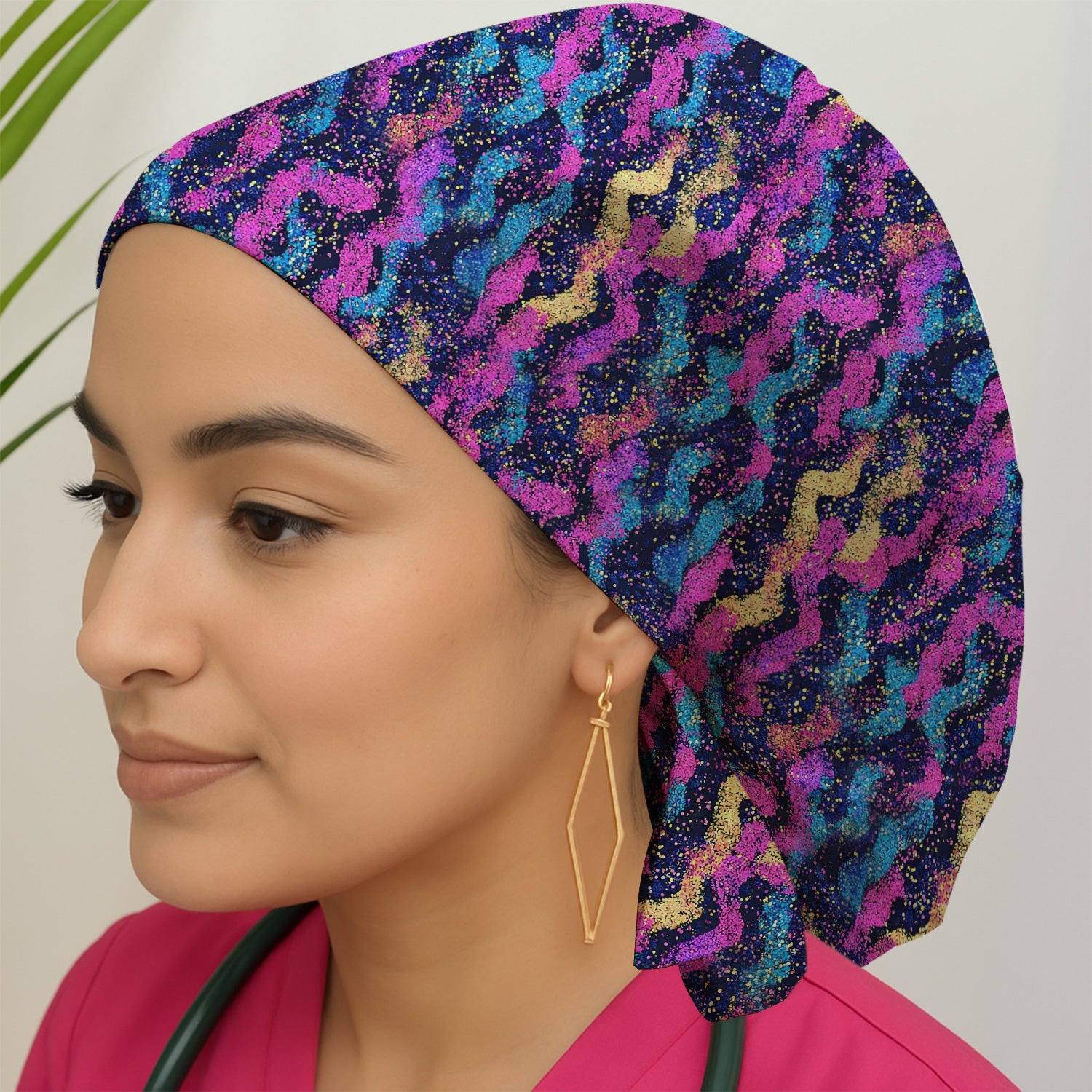 Neon Glitter Galaxy Wavy Pattern Scrub Cap, Breathable Fabrics Caps Uniform