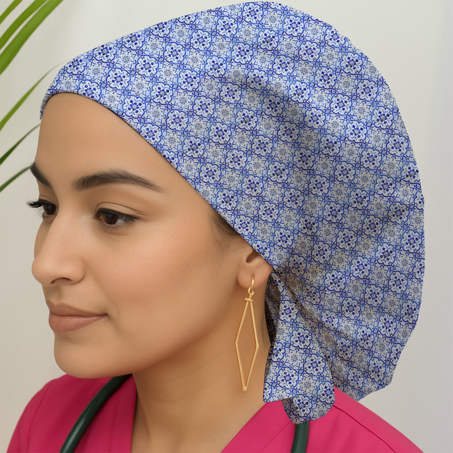 Blue Vintage Tile Floral Pattern Scrub Cap, Breathable Fabrics Caps Uniform