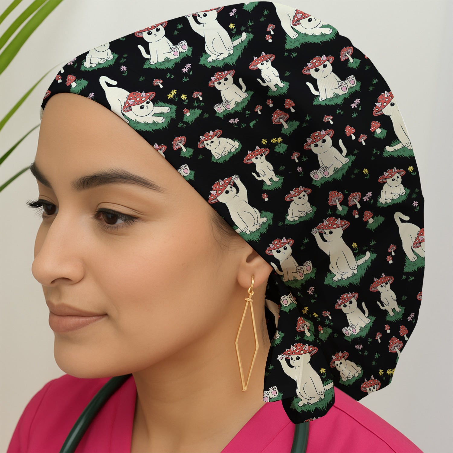 Cute Mushroom Cat Pattern Scrub Cap, Bouffant Scrub Caps for Women