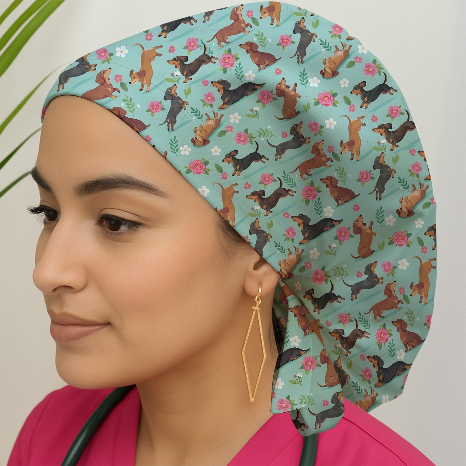 Cute Floral Dachshund Puppy Pattern Scrub Cap, Surgical Caps for Doctors