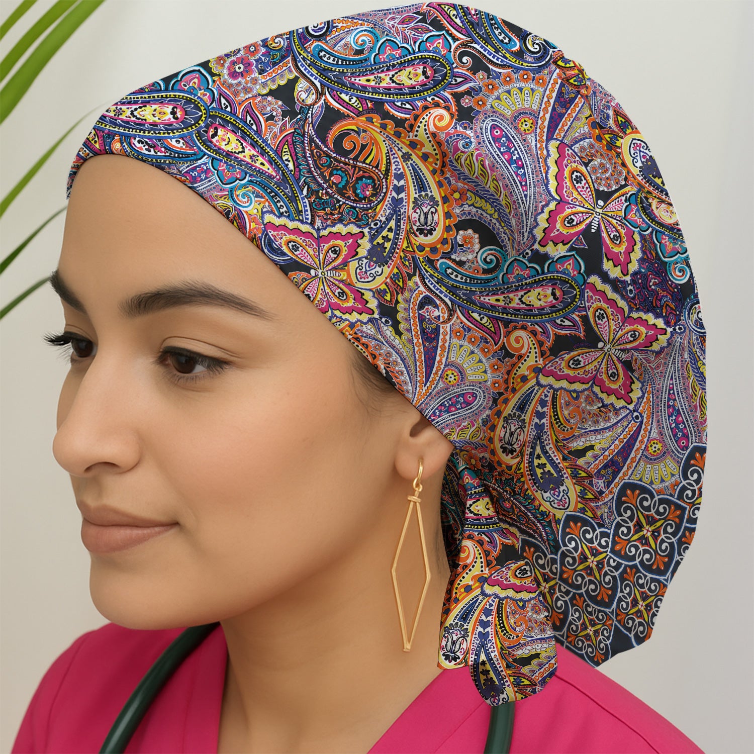 Colorful Bohemian Paisley Floral Pattern Scrub Cap, Surgical Caps for Doctors