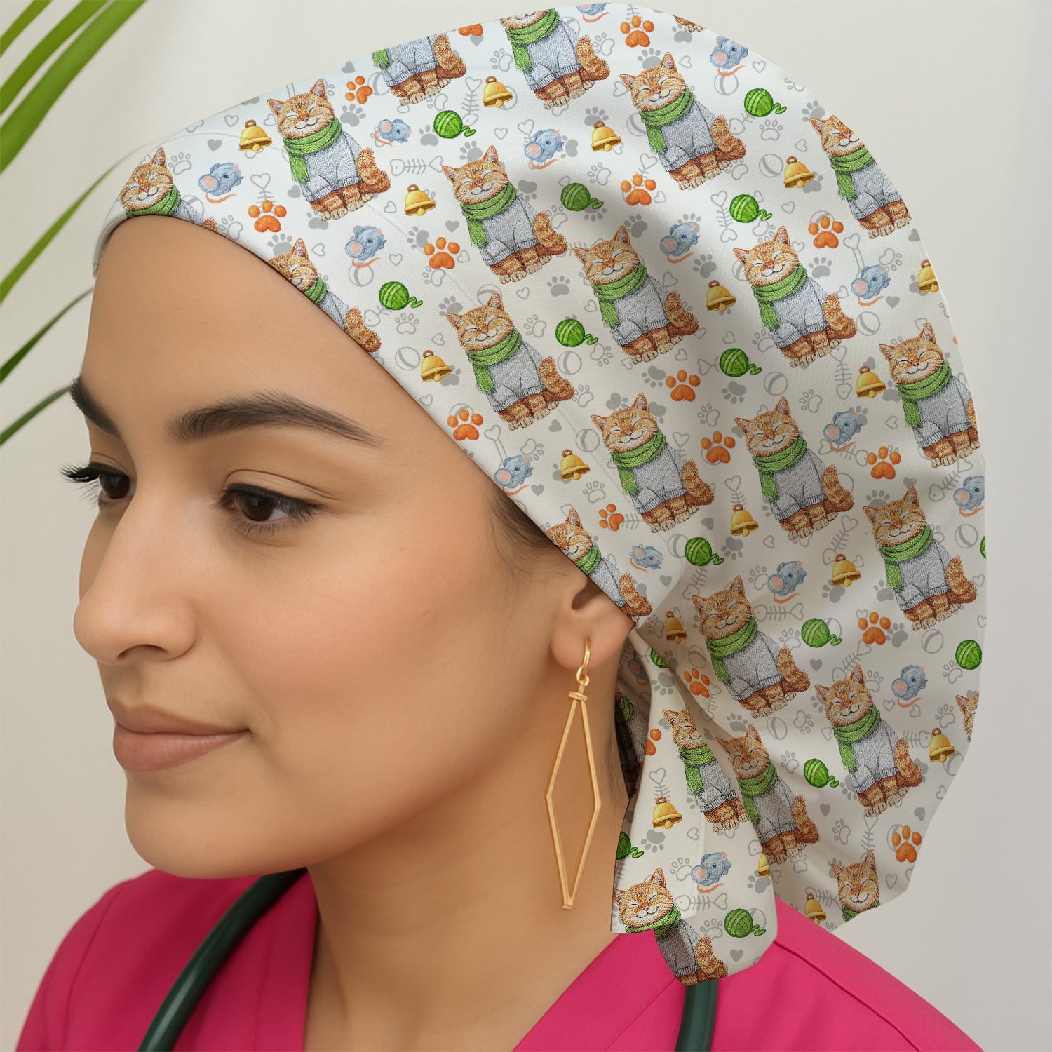 Adorable Cat Lover Nurse Scrub Cap, Cute Cat Medical Pattern Hat, Breathable Fabrics Nursing Uniform