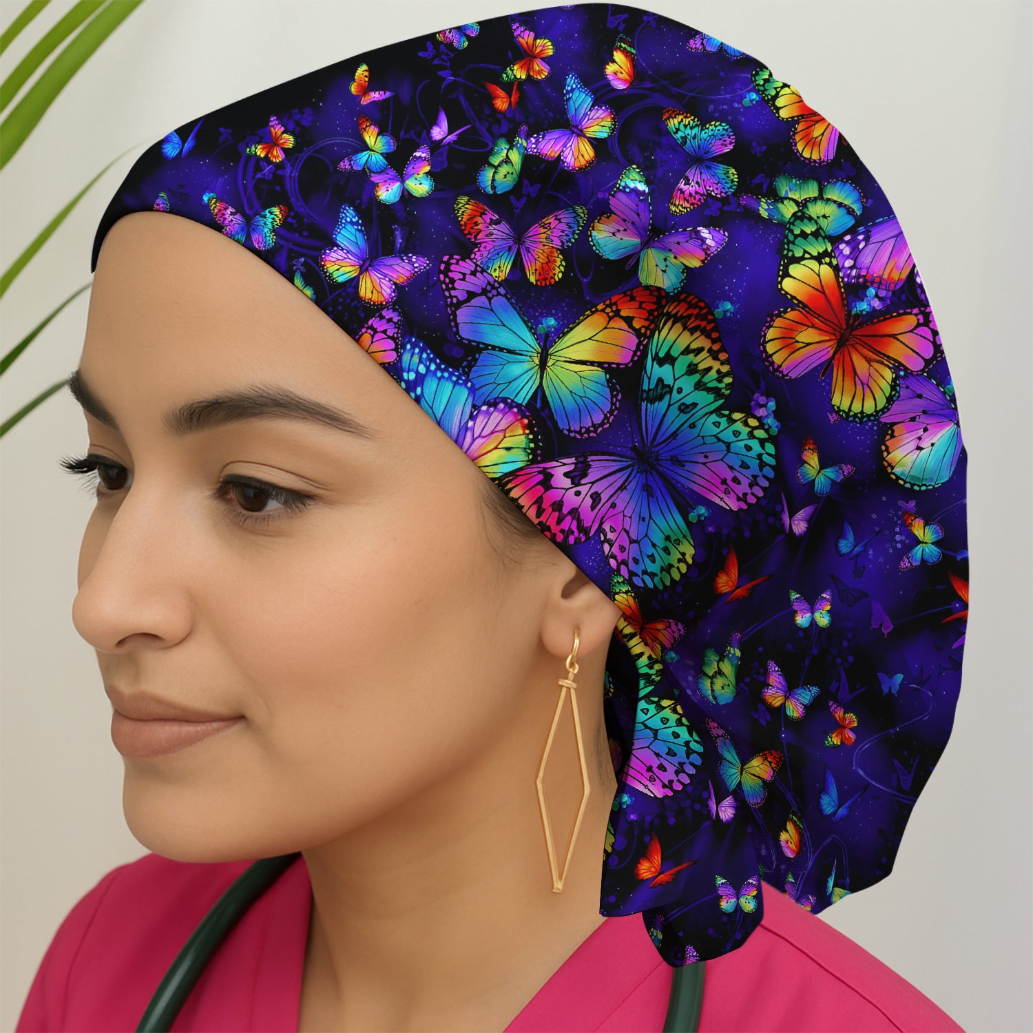 Vibrant Rainbow Butterfly Galaxy Pattern Scrub Cap, Surgical Caps for Doctors