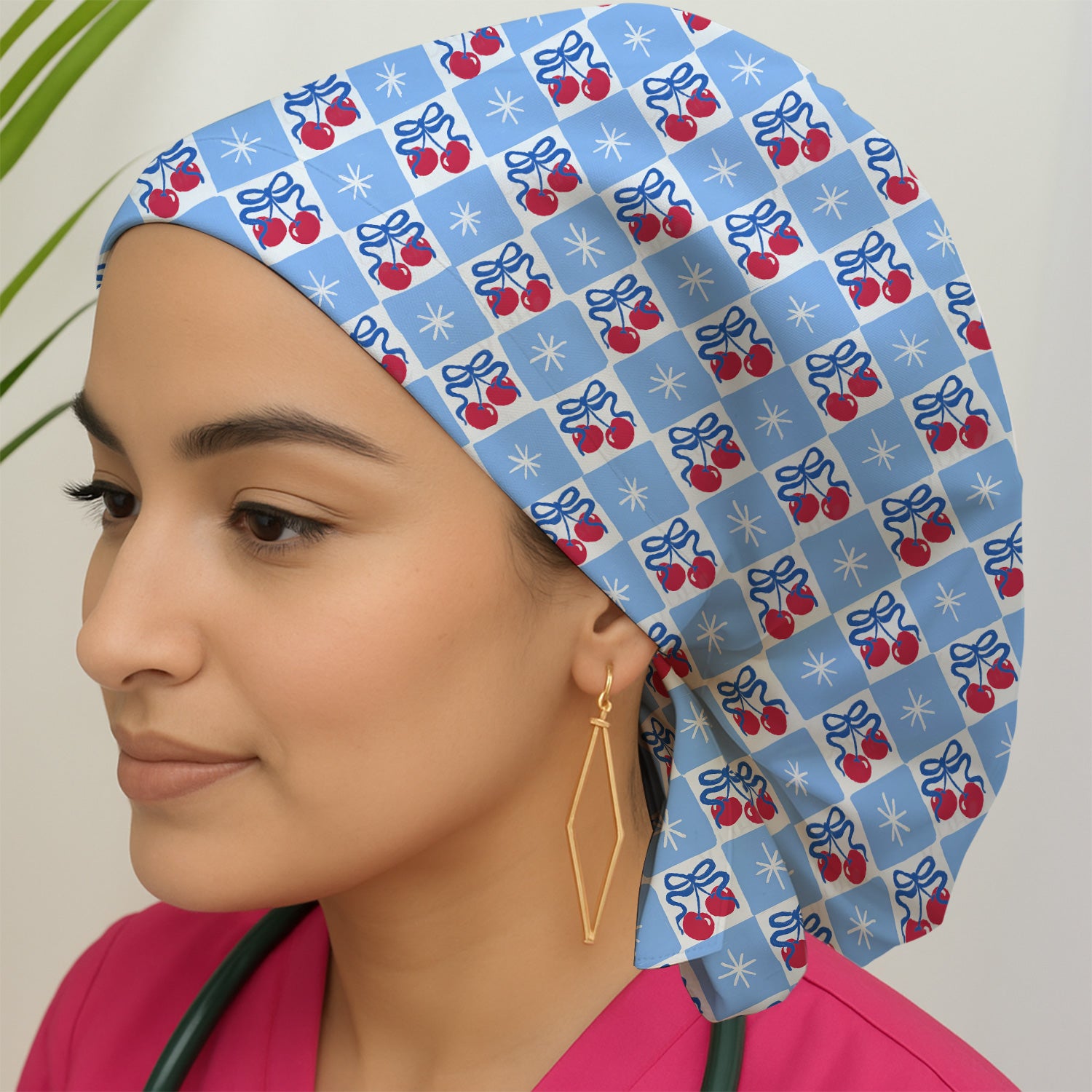 Cute Cherry Bow With Blue Gingham Check Pattern Nurse Scrub Cap, Surgical Caps for Doctors