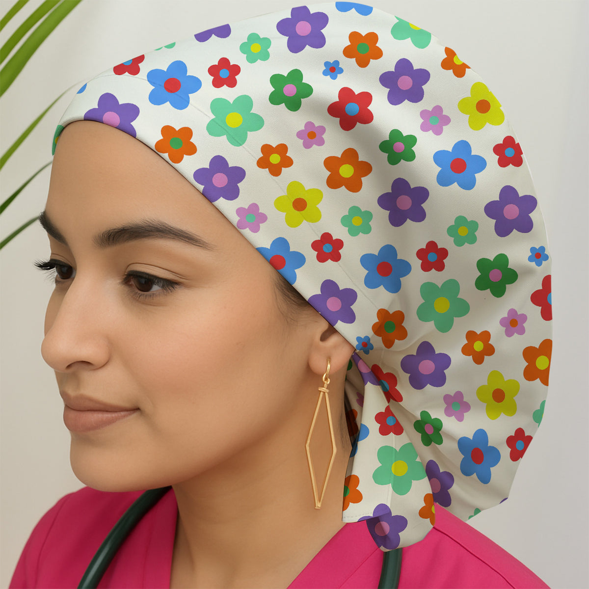Colorful Retro Flower Pattern Print Scrub Cap, Surgical Caps for Doctors