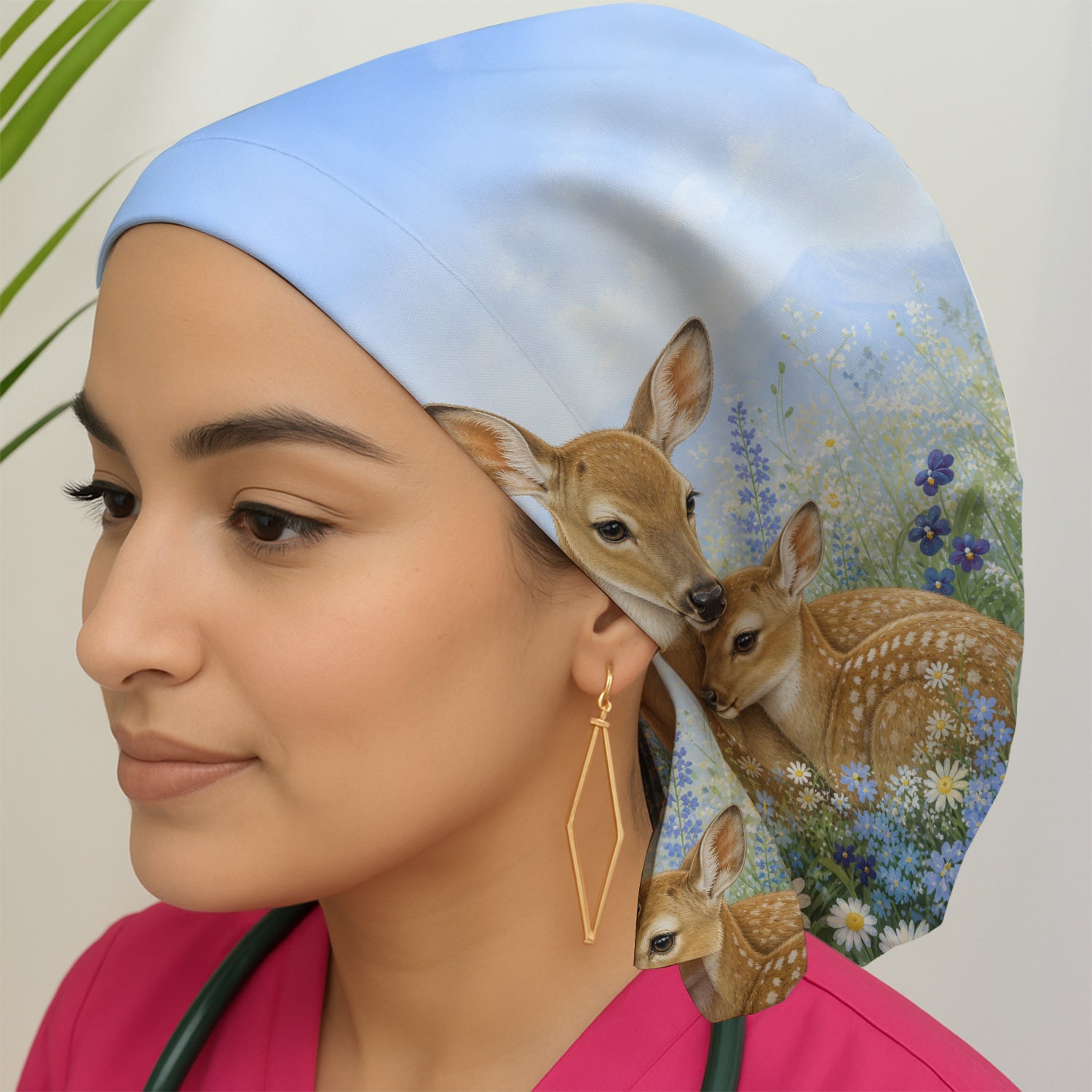 Cute Deer Mother Baby With Meadow Pattern Scrub Cap, Surgical Caps for Doctors