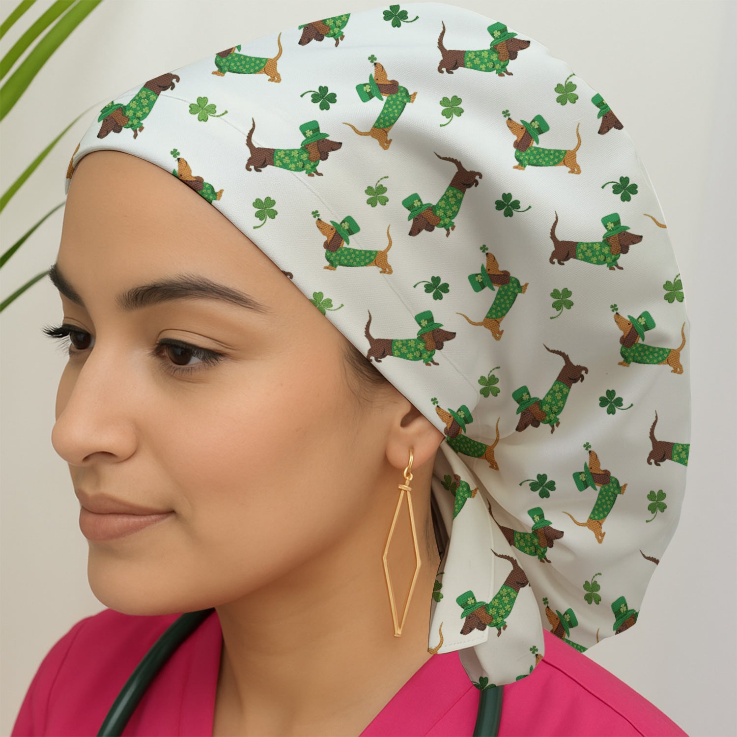 St. Patrick’s Day Dachshund Scrub Cap, Funny Wiener Dog Nurse Hat, Breathable Fabrics Nursing Uniform